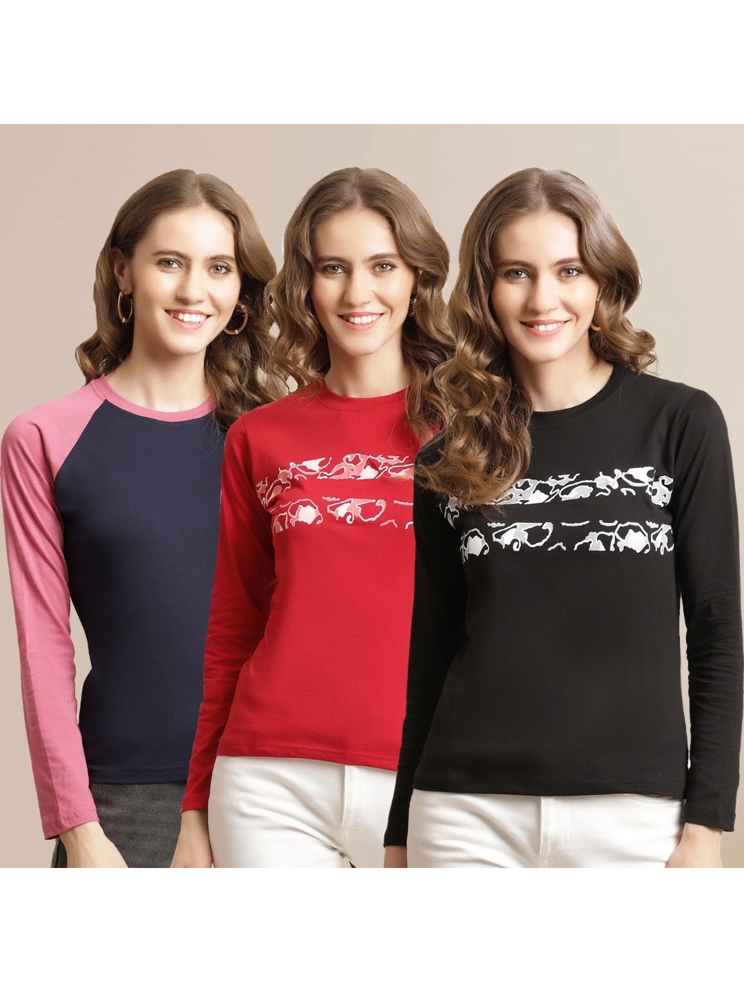 

Metronaut Women Pack Of 3 Printed Round Neck Cotton T-shirts, Black