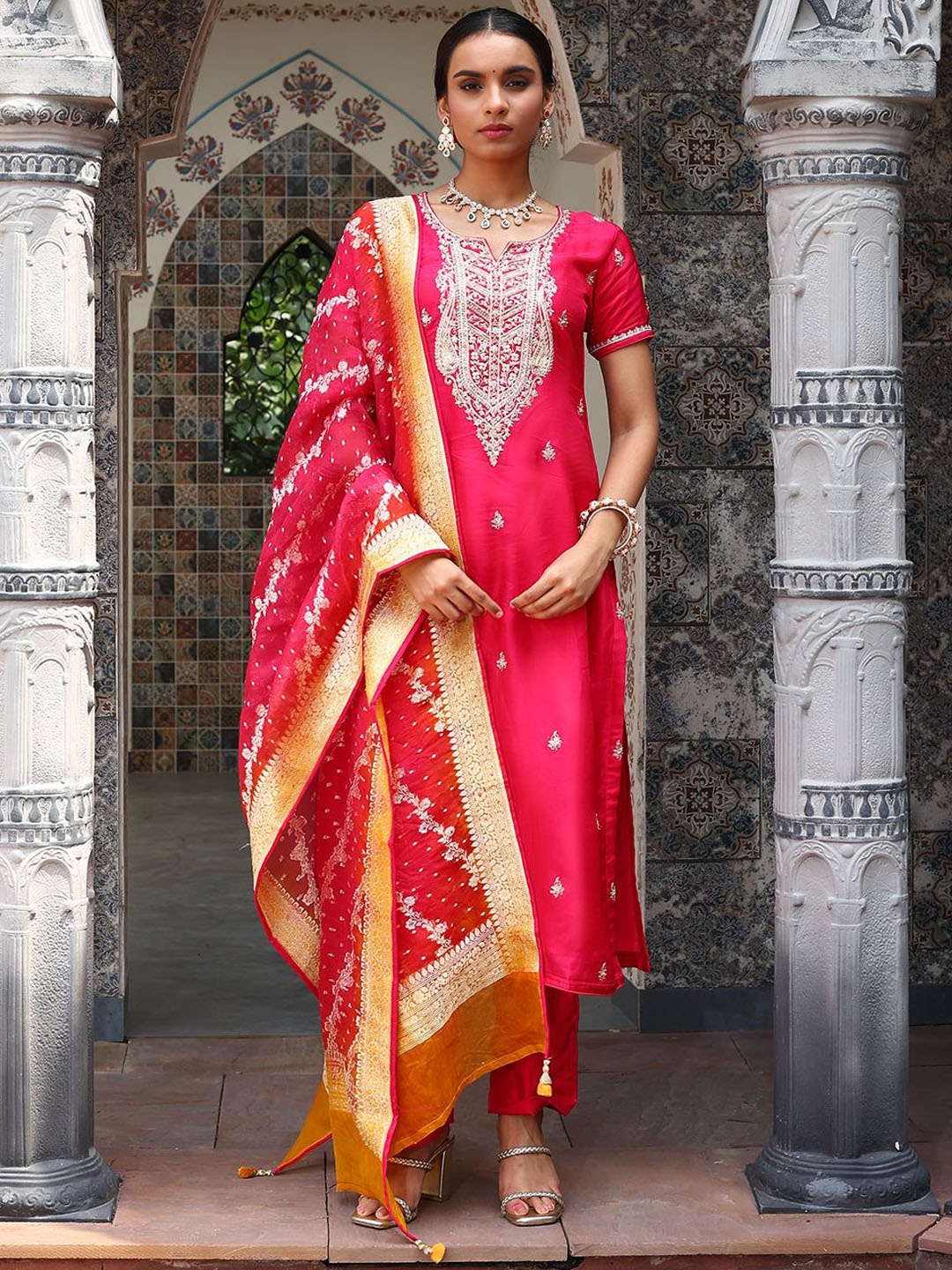 

Meena Bazaar Floral Embroidered Art Silk Unstitched Dress Material, Pink