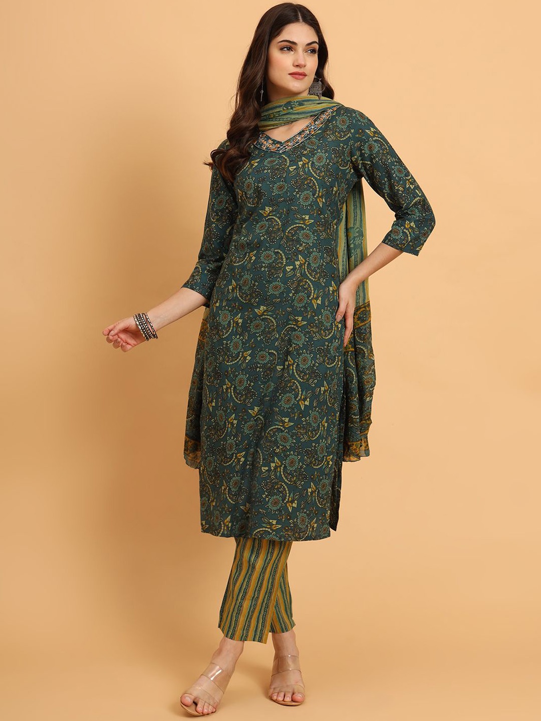 

KALINI Floral Printed V-Neck Pure Cotton Straight Kurta With Trousers & Dupatta, Green