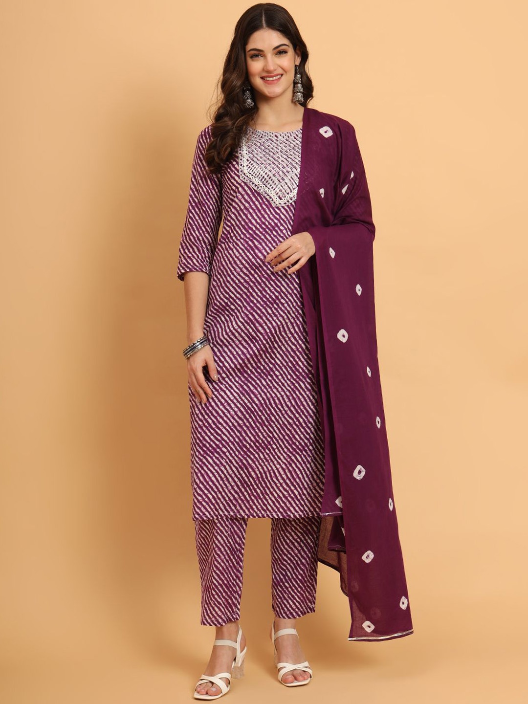 

KALINI Striped Thread Work Pure Cotton Straight Kurta With Trouser & Dupatta, Purple