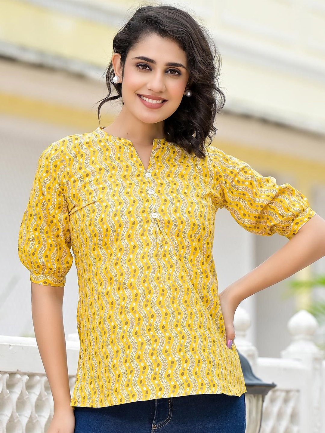 

Peachmode Women Mandarin Collar Cotton Top, Yellow