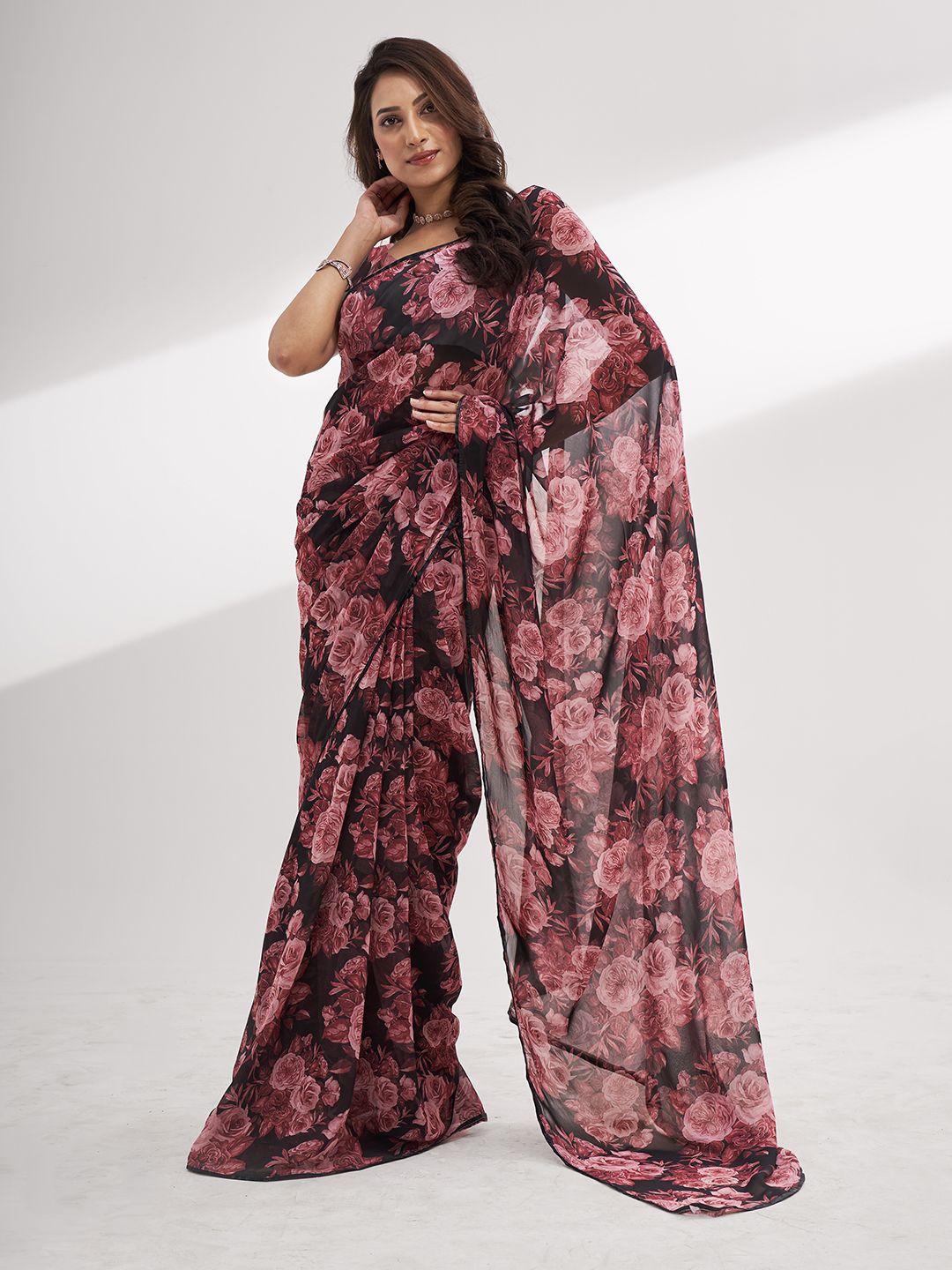 

Mitera Floral Pure Chiffon Ready to Wear Saree, Black