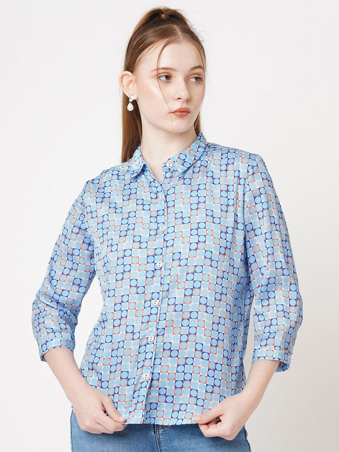 

Kraus Jeans Women Spread Collar Geometric Printed Slim Fit Casual Shirt, Blue