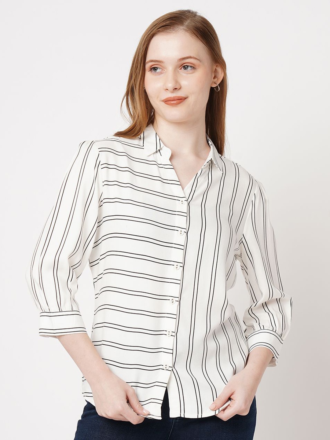 

Kraus Jeans Women Spread Collar Vertical Striped Slim Fit Casual Shirt, White