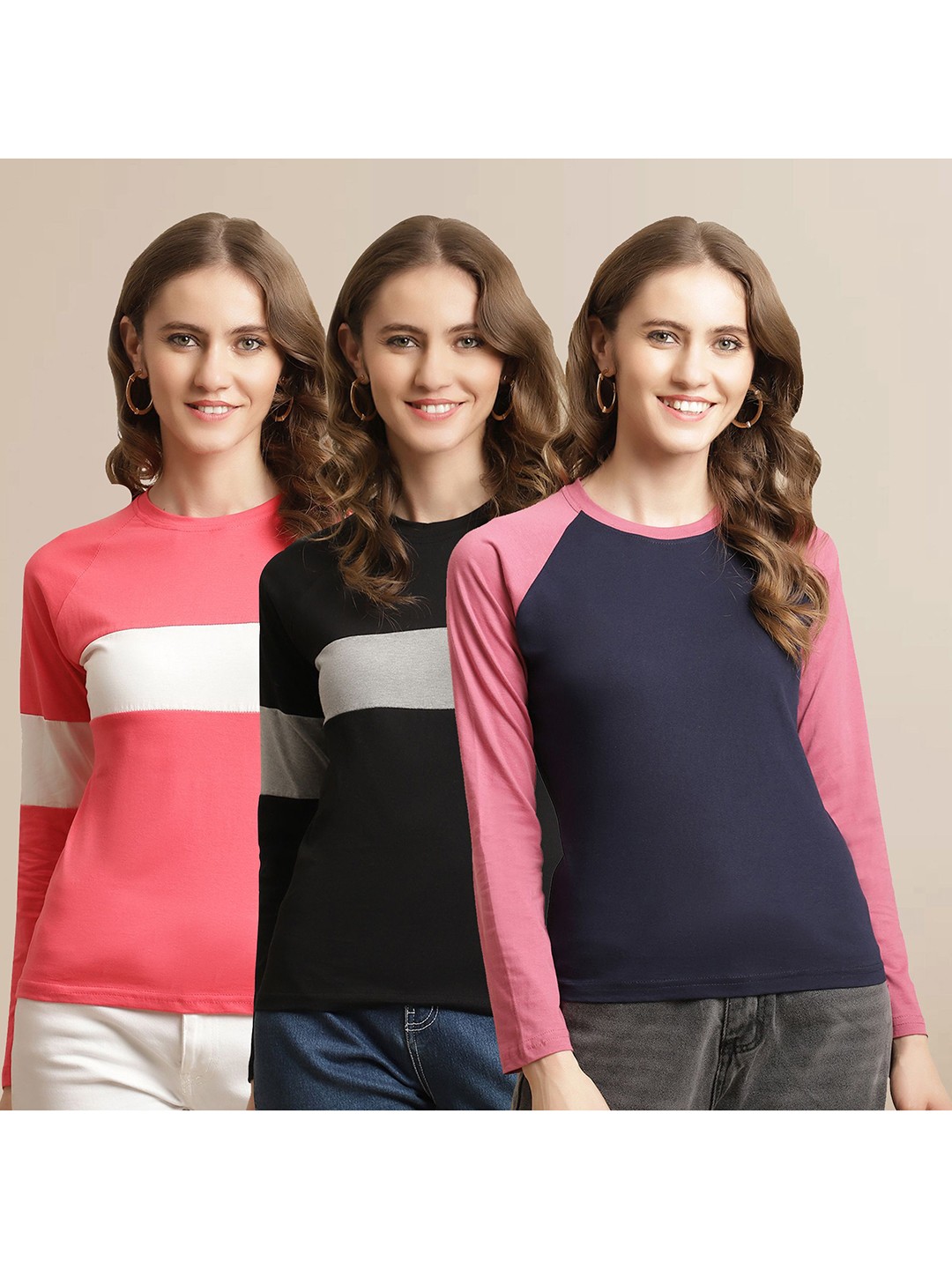 

Metronaut Women Pack Of 3 Colourblocked Round Neck Cotton T-shirts, Navy blue