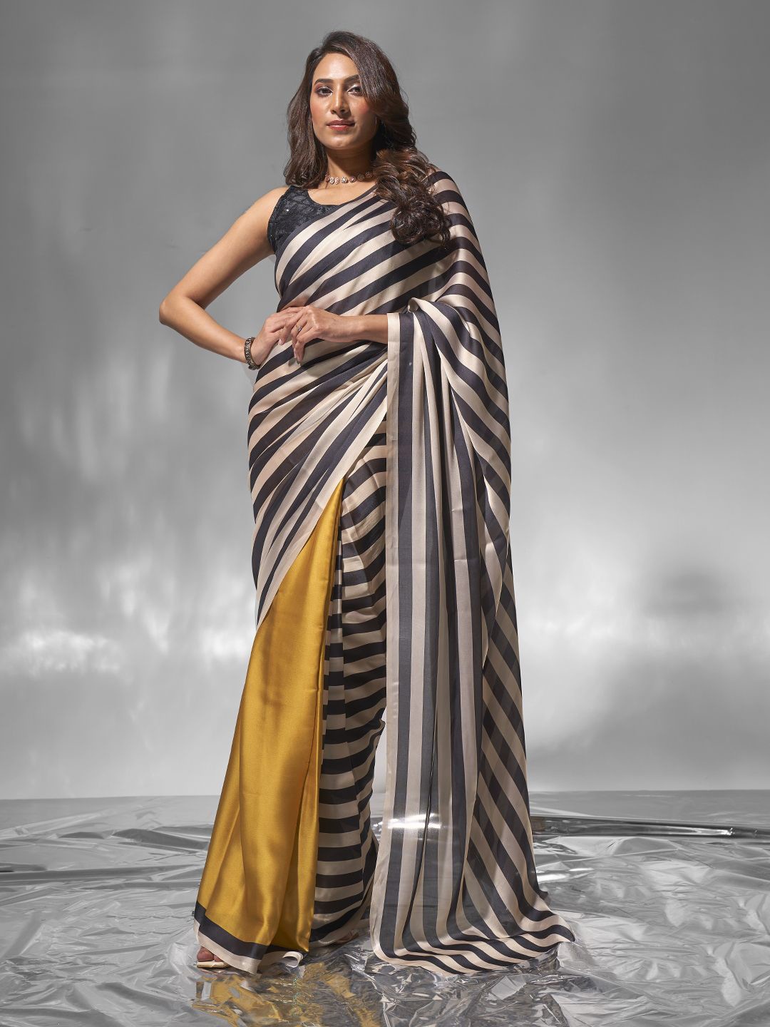 

Mitera Striped Satin Saree, Black