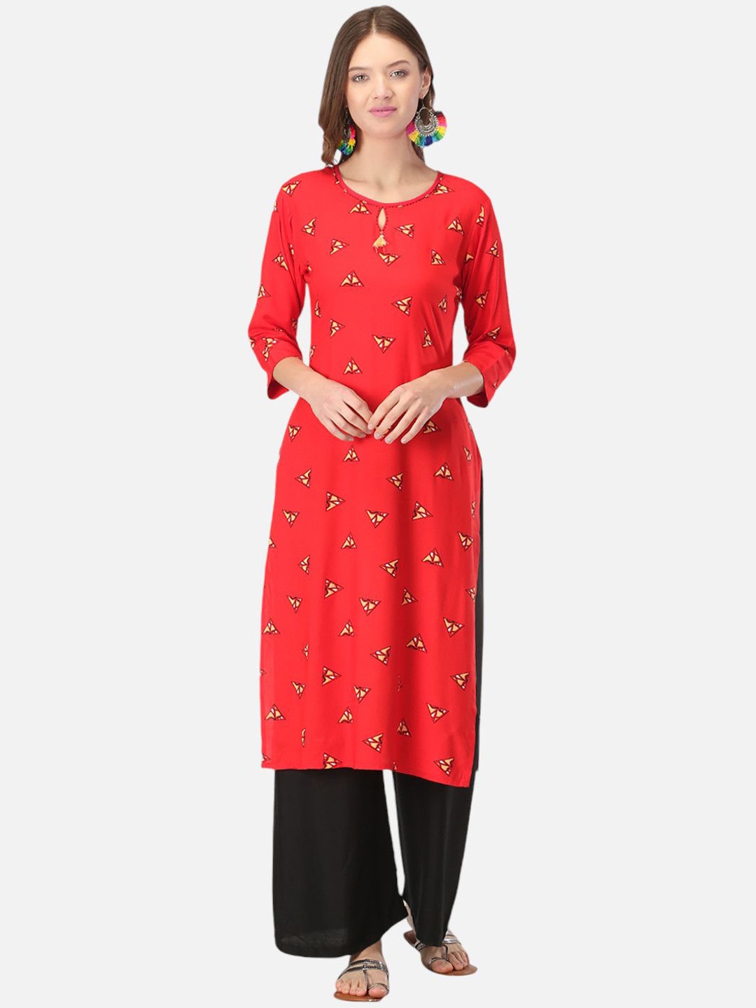 

Biyu Geometric Printed Keyhole Neck Cotton Straight Kurta, Red