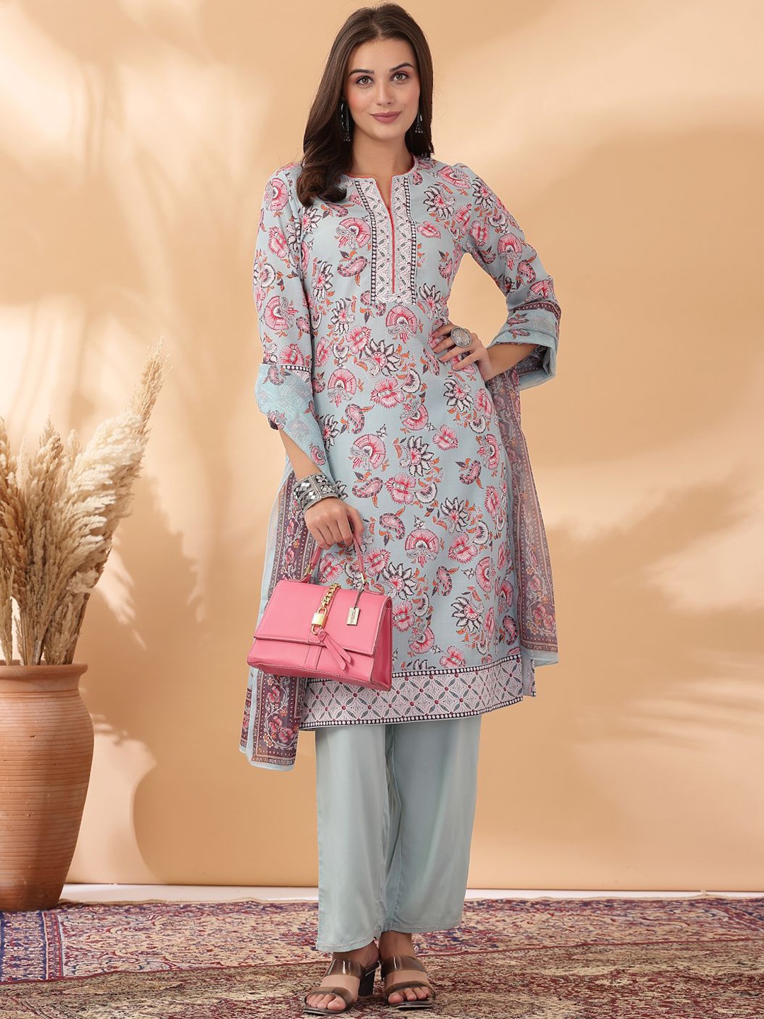 

Nayam By Lakshita Floral Printed Linen Kurta With Palazzos & Dupatta, Blue