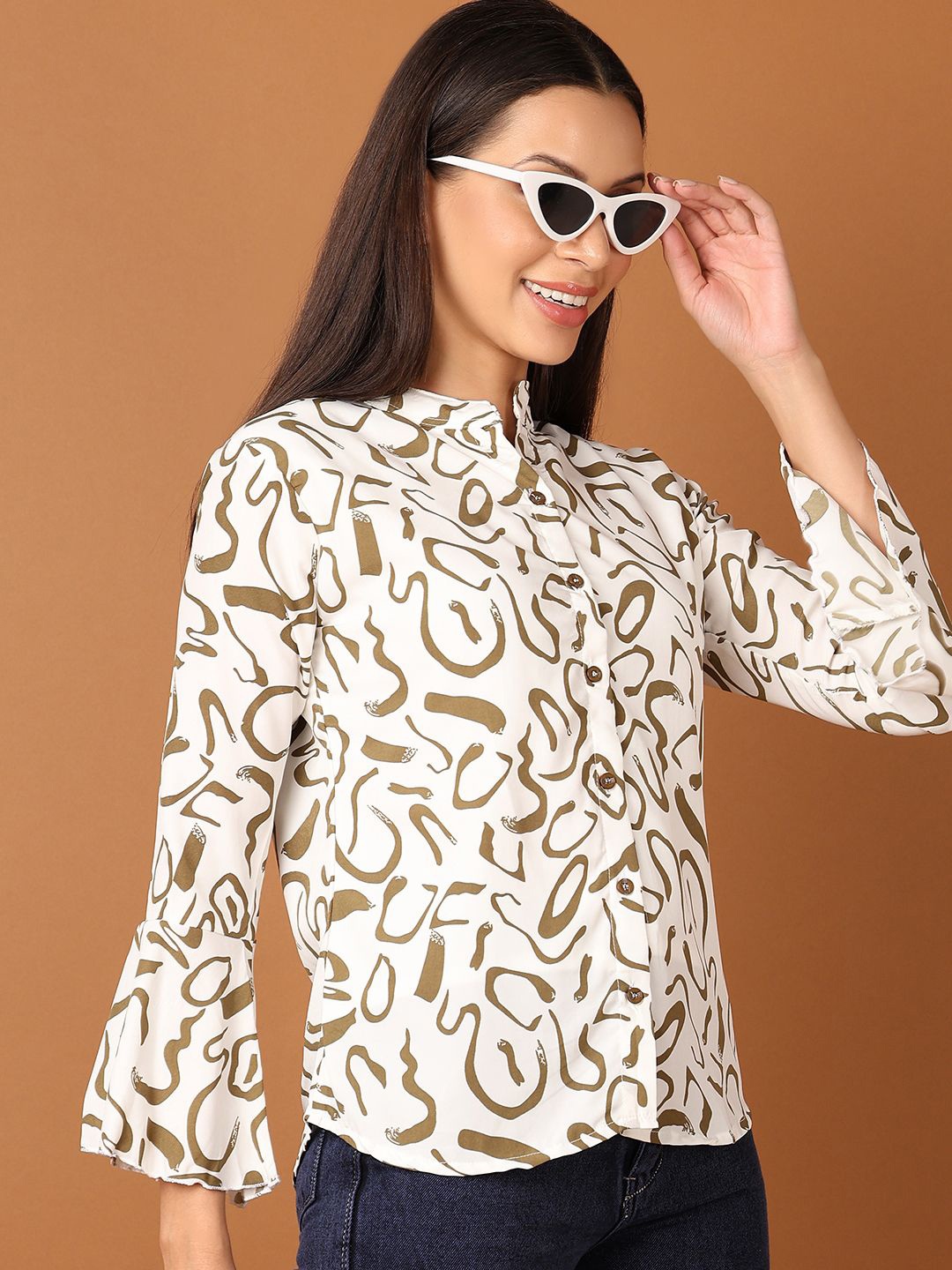 

V-Mart Women Abstract Printed Bell Sleeve Cotton Top, Off white
