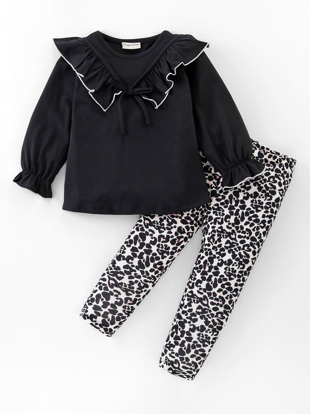 

CrayonFlakes Girls Round Neck Printed Pure cotton Top with Leggings, Black