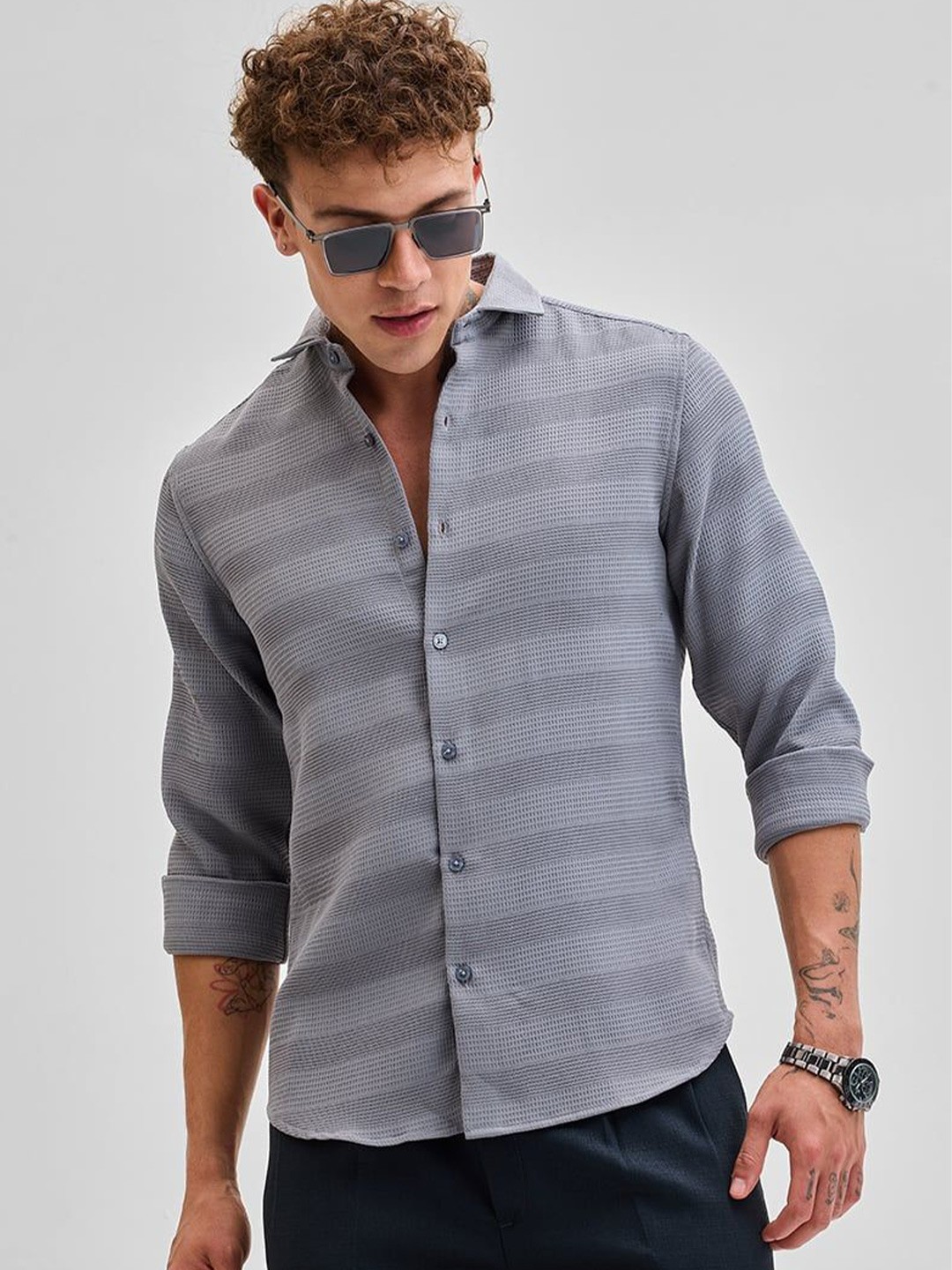 

Snitch Men Smart Spread Collar Textured Casual Shirt, Grey
