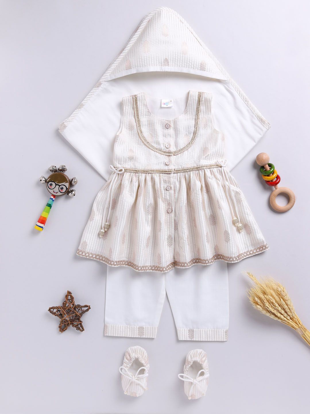 

VASTRAMAY Girls Ethnic Motifs Self Design Kurta Pyjama, Swaddle & Shoe Set, Cream