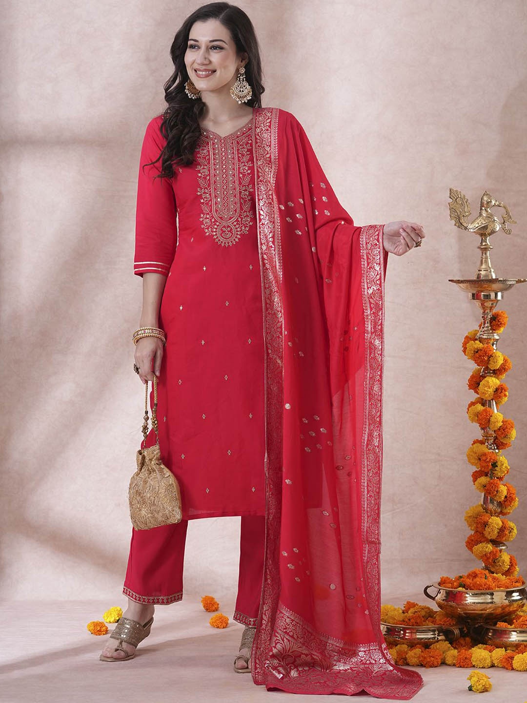 

FASHOR Floral Embroidered Sequinned Kurta With Trousers & Dupatta, Red