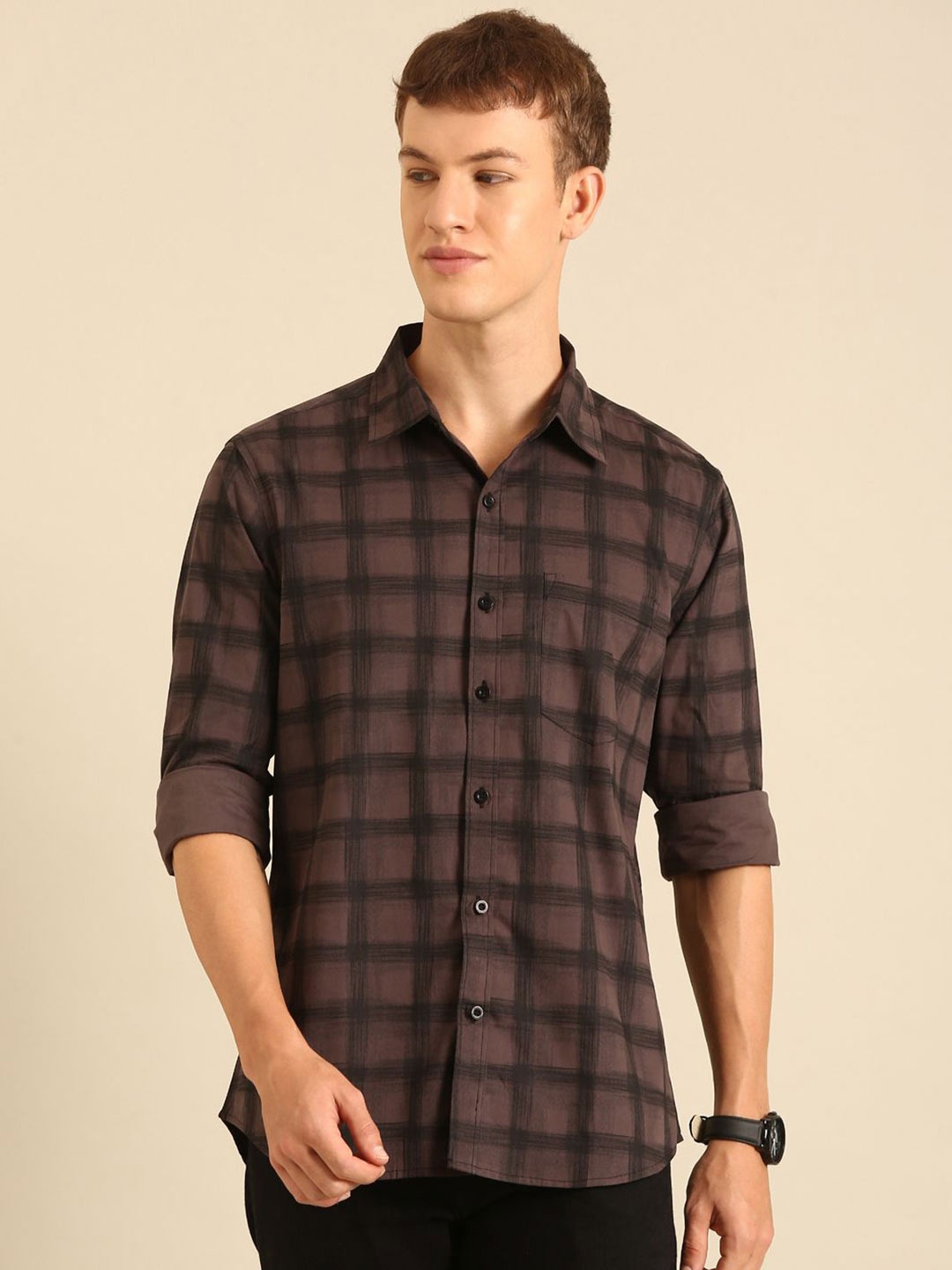 

Provogue Men Cutaway Collar Tartan Checked Cotton Casual Shirt, Brown