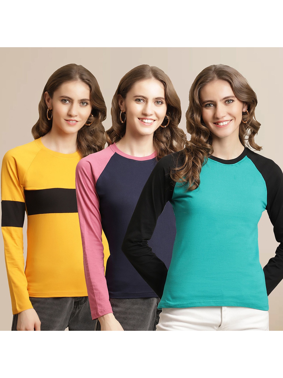 

Metronaut Women Pack Of 3 Colourblocked Round Neck Cotton T-shirts, Turquoise blue