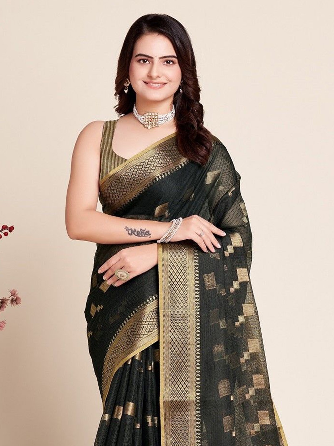 

Suha Woven Design Zari Kota Saree with Blouse Piece, Black