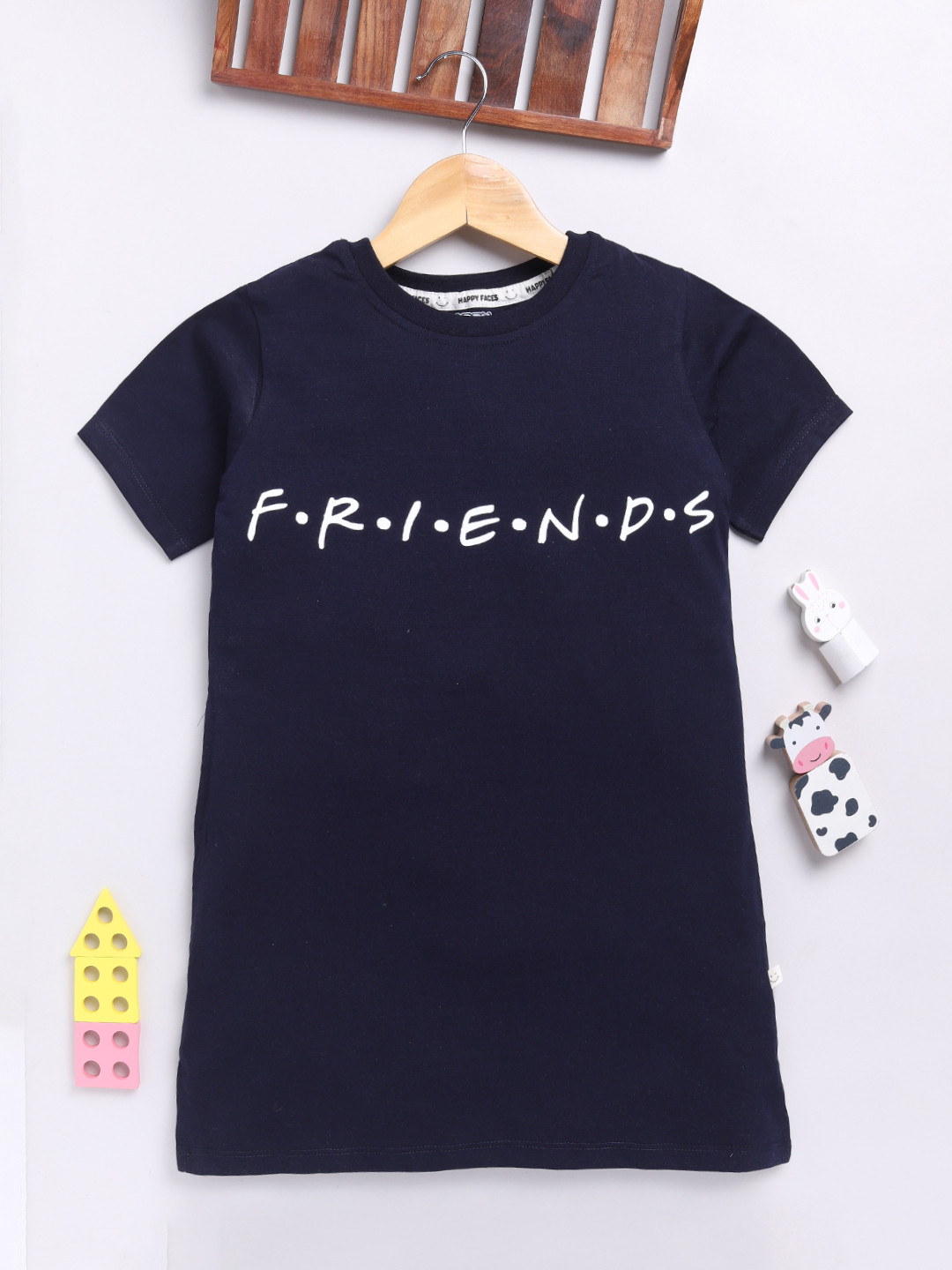 

Happy Faces Kids Girls Typography Printed Pure Cotton Longline T-Shirt, Navy blue