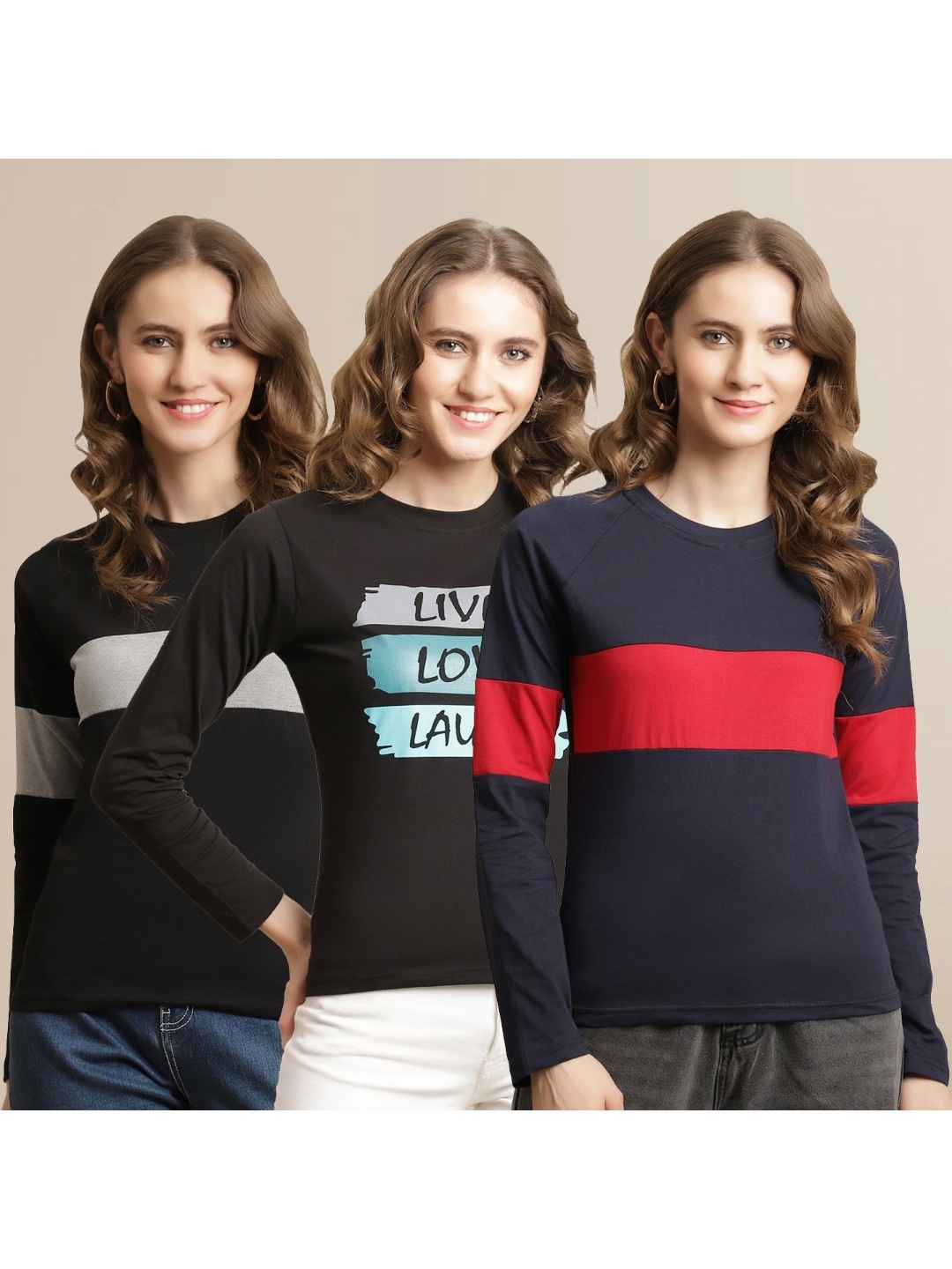 

Metronaut Women Pack Of 3 Printed Round Neck Cotton T-shirts, Navy blue