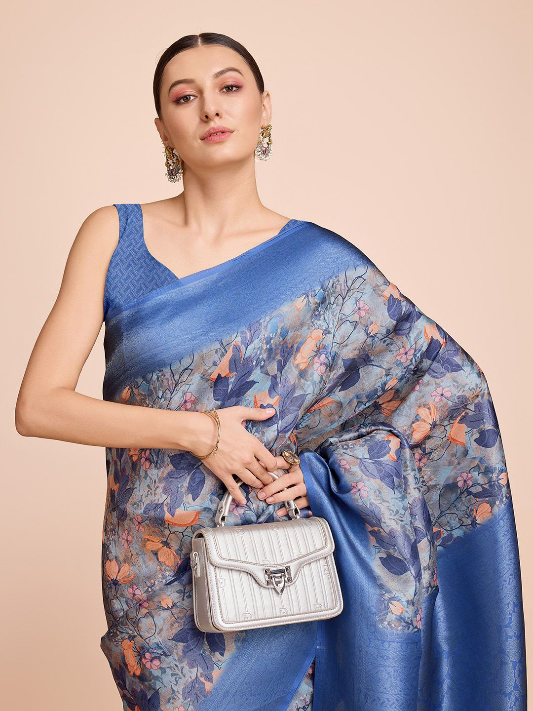 

Suha Floral Printed Woven Design Zari Pure Silk Saree, Blue