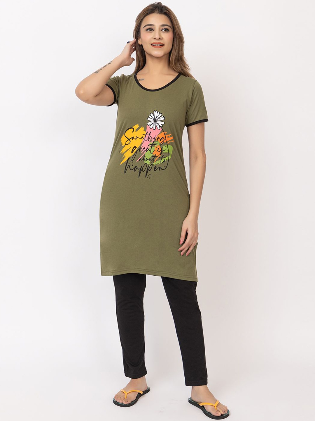 

GEE 5 Women Printed Round Neck T-shirt & Pyjamas Longline Night suit, Olive