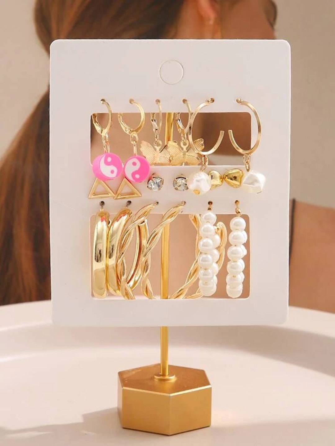 

YU FASHIONS Set Of 9 Gold-Plated Contemporary Rhinestone Studded Drop Earrings