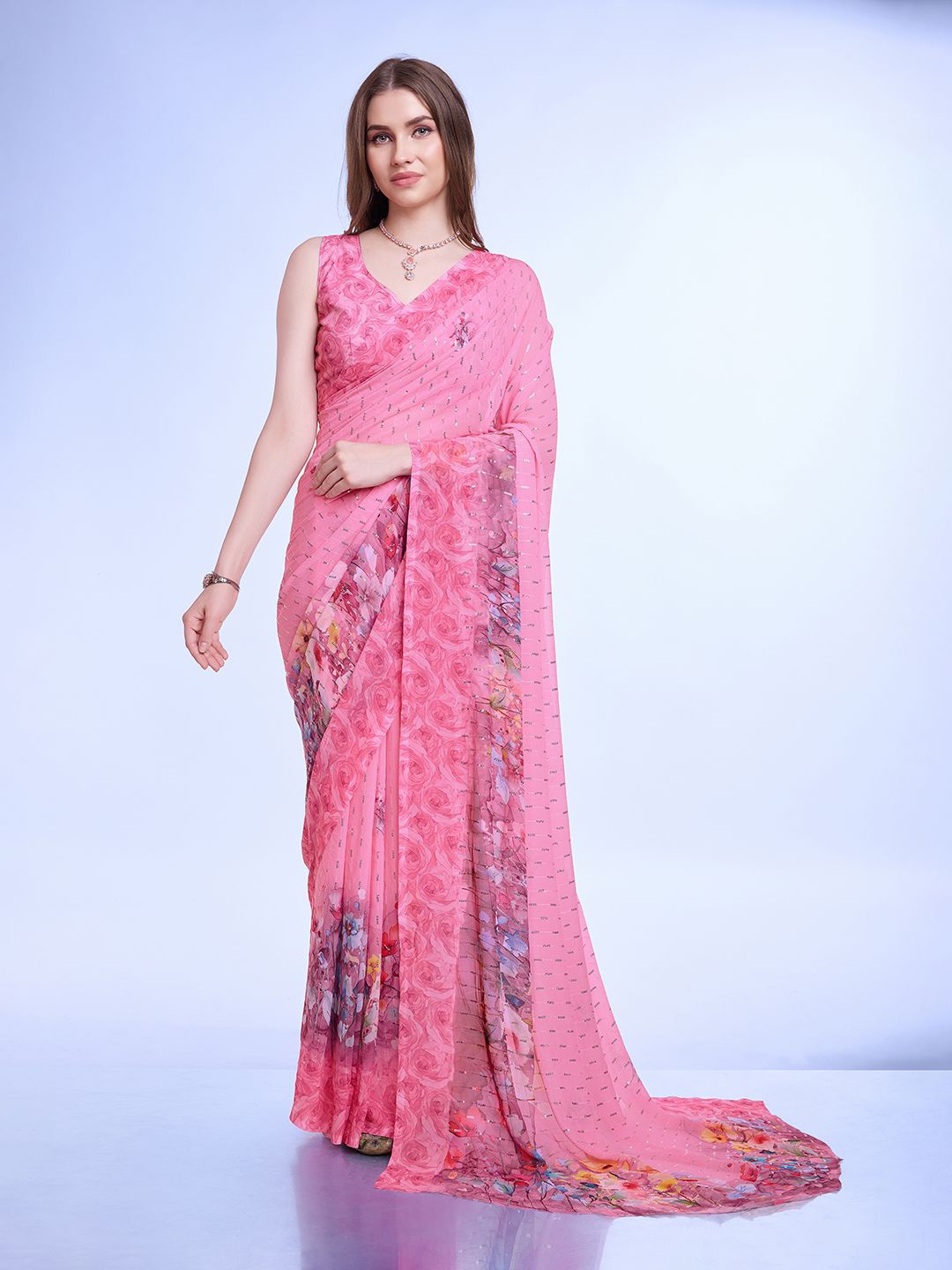 

Ishin Floral Printed Saree with Blouse Piece, Pink