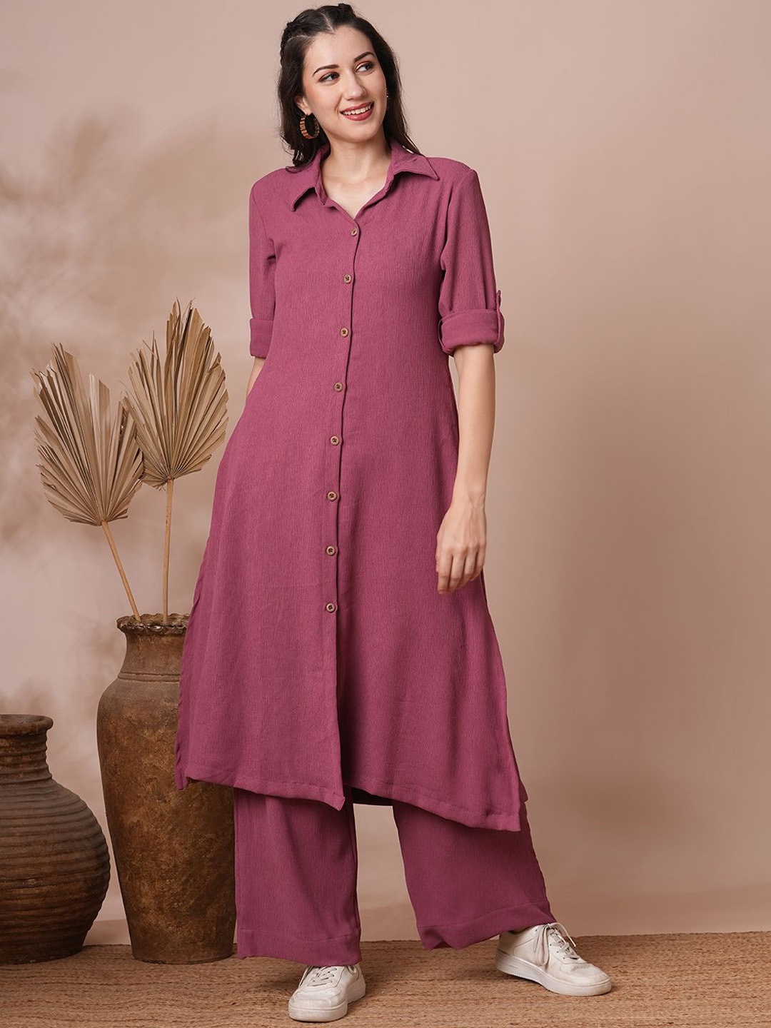 

FASHOR Mauve Shirt Collar Tunic With Palazzo