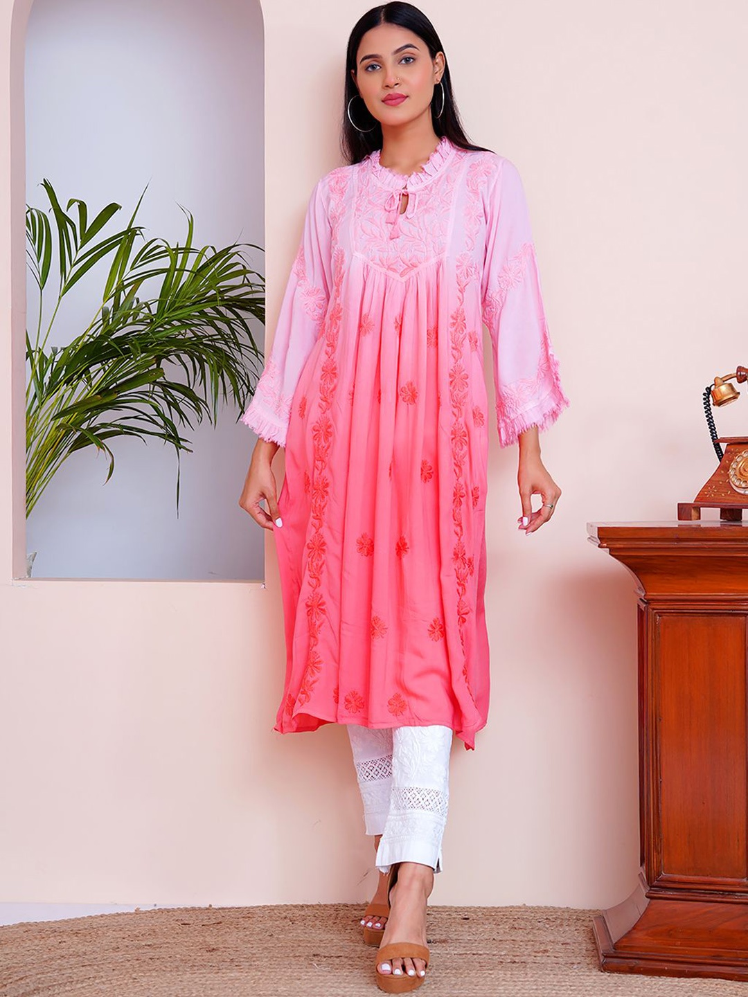 

The Chikan Label Floral Embroidered Chikankari Cotton Silk Anarkali Kurta, Peach