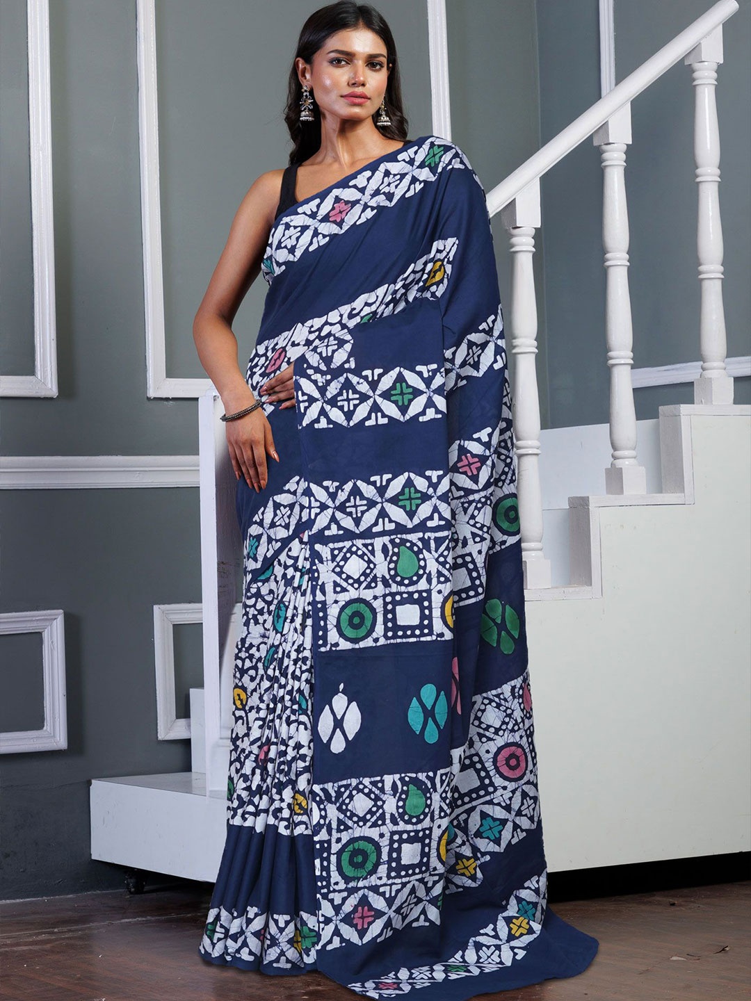 

Unnati Silks Pure Cotton Handloom Block Print Saree, Navy blue