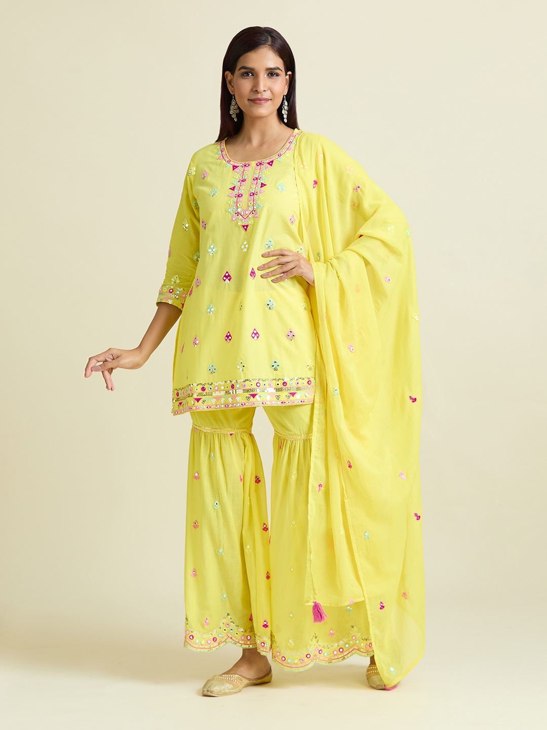 

Samyukta Singhania Floral Embroidered Mirror Work Pure Cotton Kurti With Sharara & Dupatta, Yellow