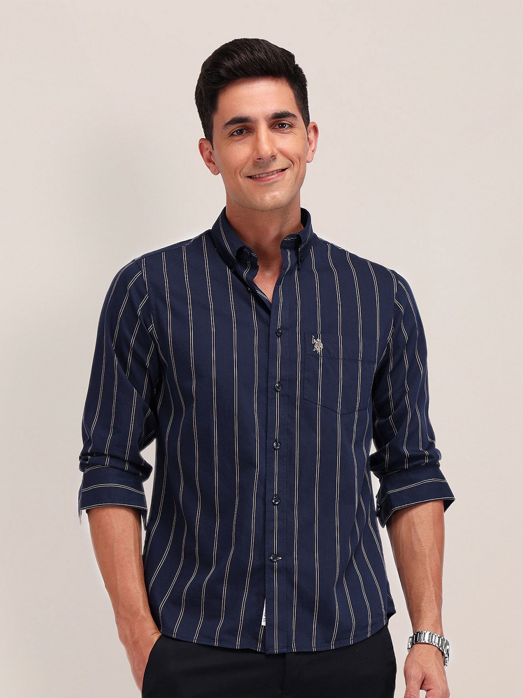 

U.S. Polo Assn. Men Button-Down Collar Vertical Striped Cotton Tailored Fit Casual Shirt, Blue