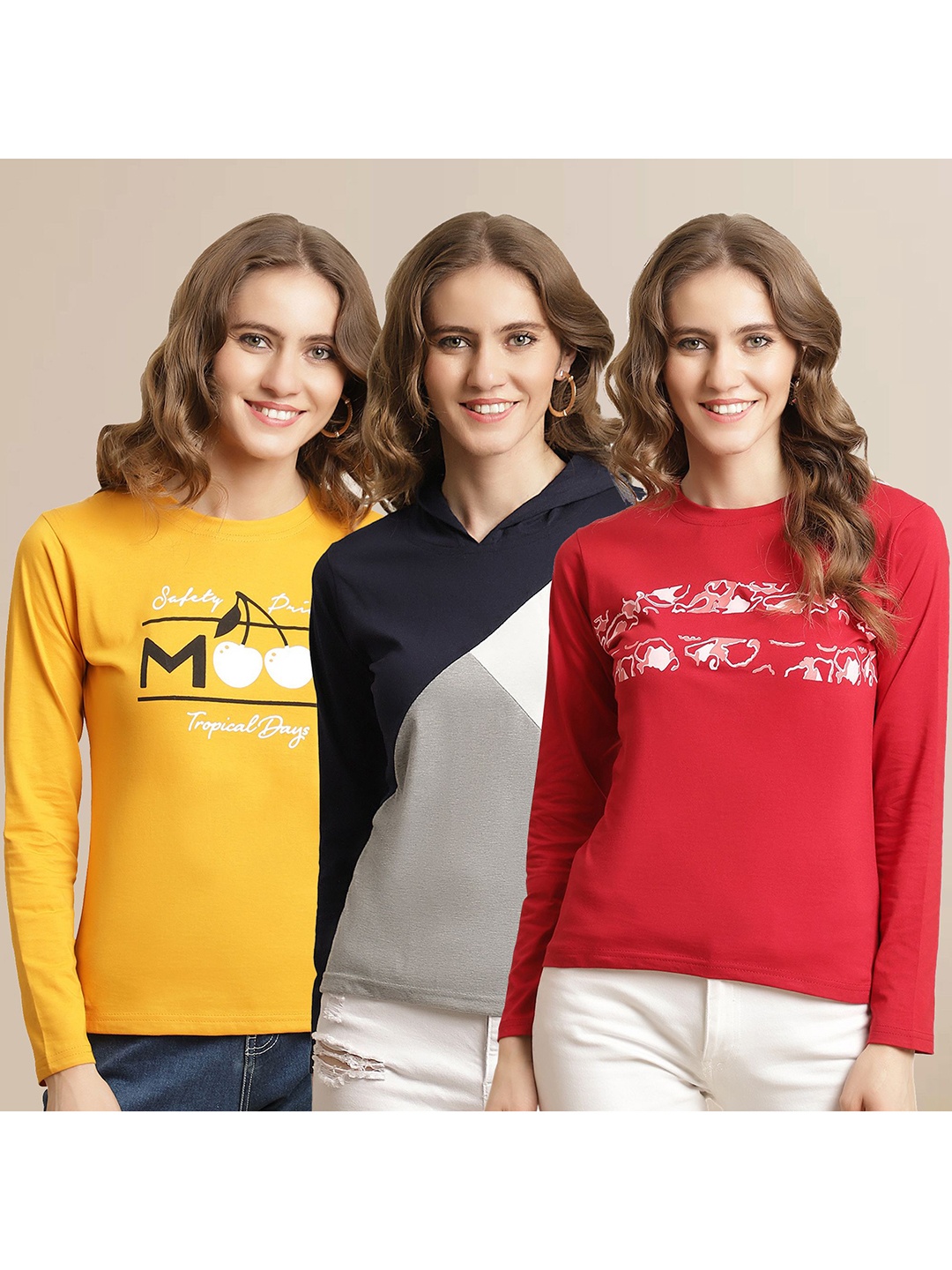 

Metronaut Women Pack Of 3 Printed Round Neck Cotton T-shirts, Yellow