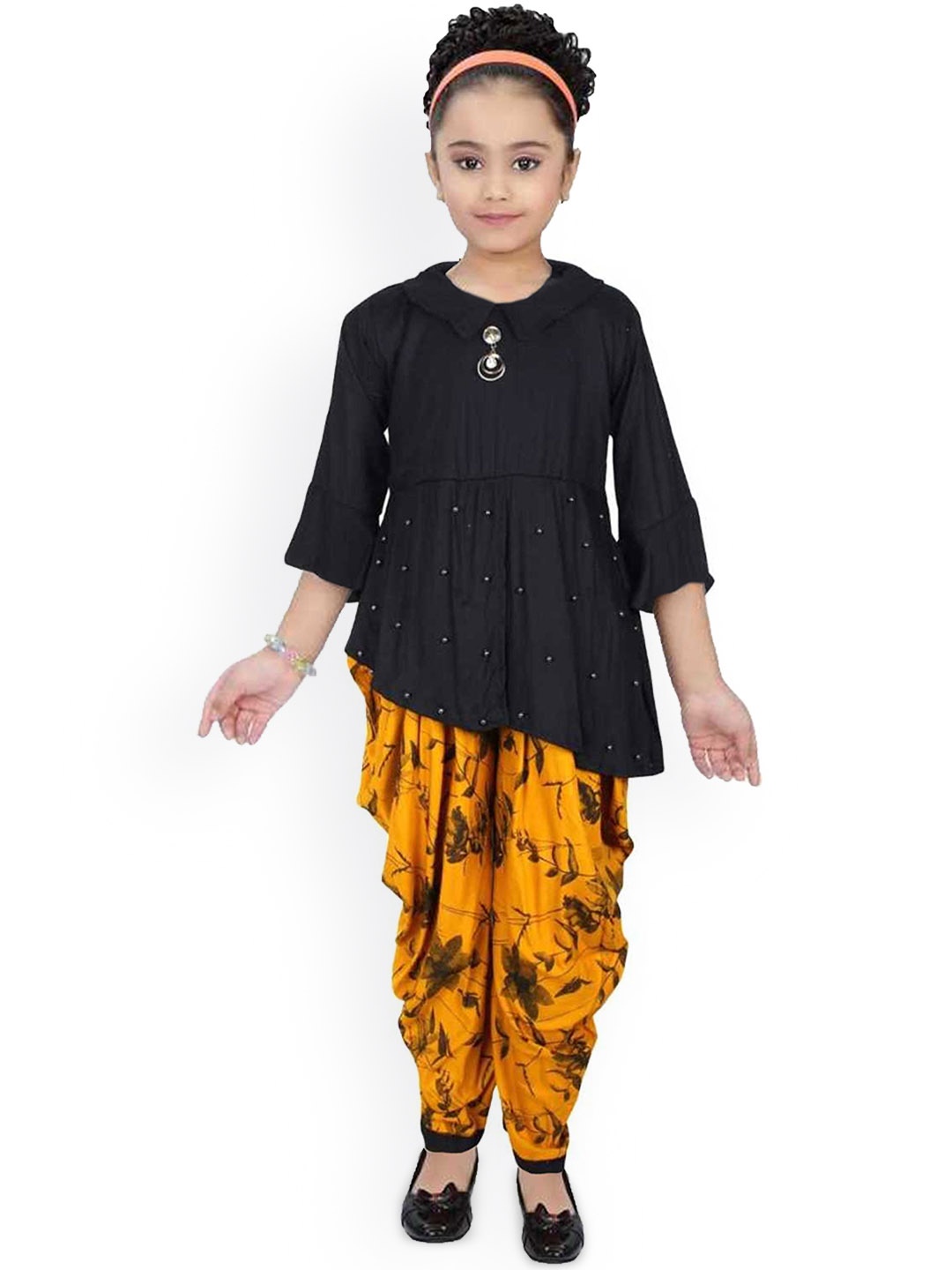 

FELLAMO Girls Round Neck Top with Dhoti Pants, Yellow