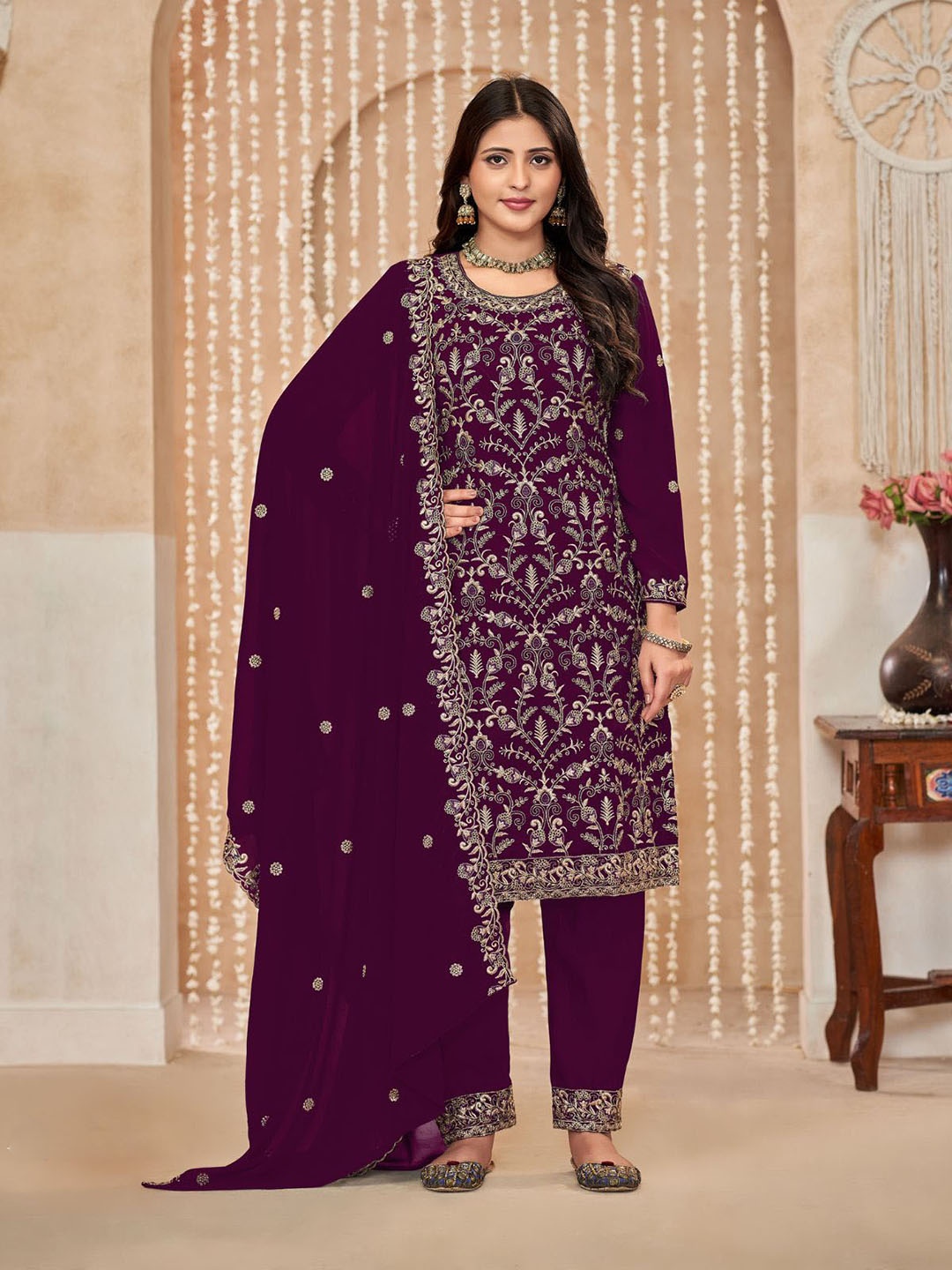 

ODETTE Embroidered Straight Kurta with Sharara & Dupatta, Purple