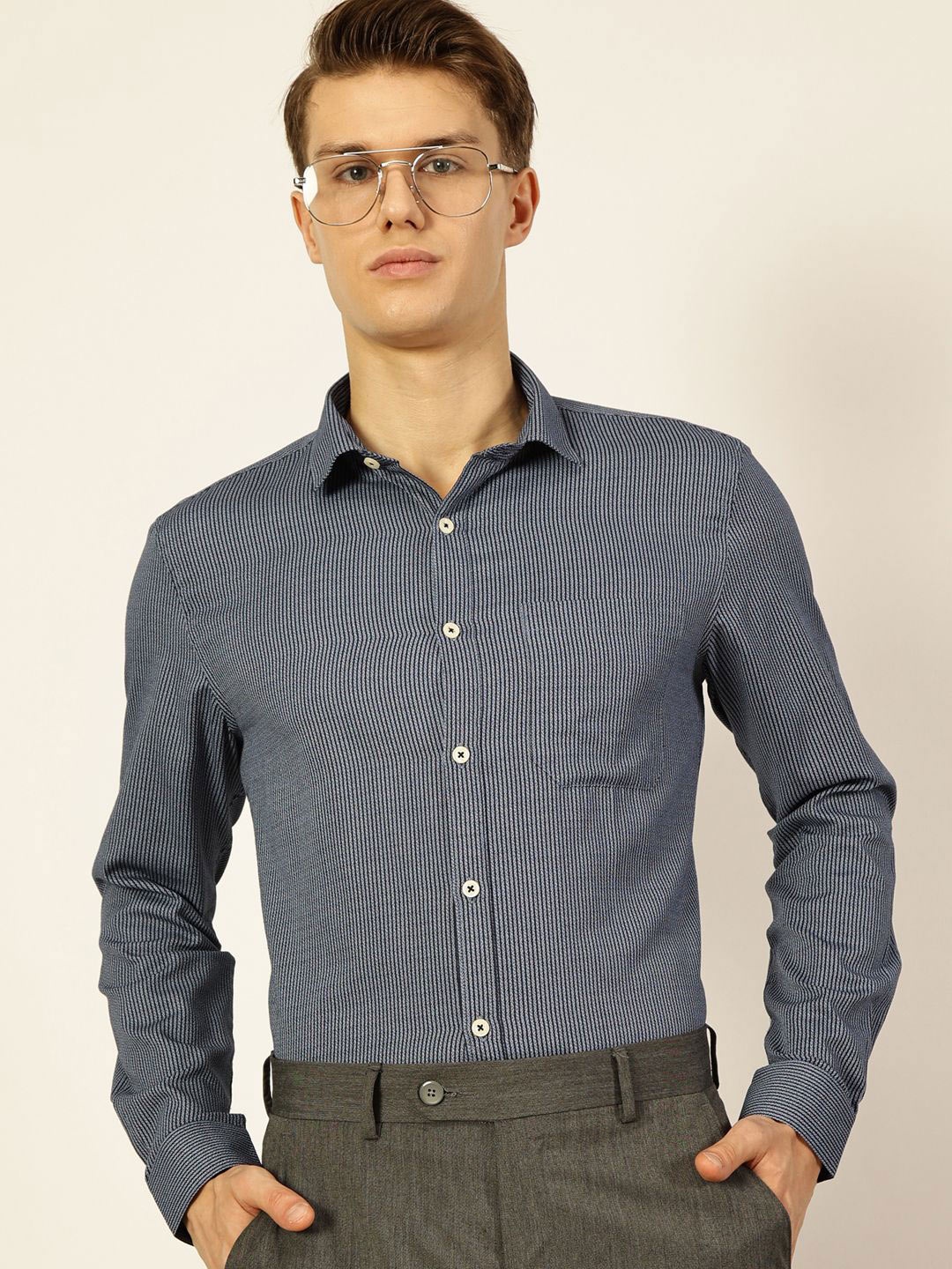 

Thomas Scott Men Smart Spread Collar Pinstripes Striped Cotton Formal Shirt, Grey