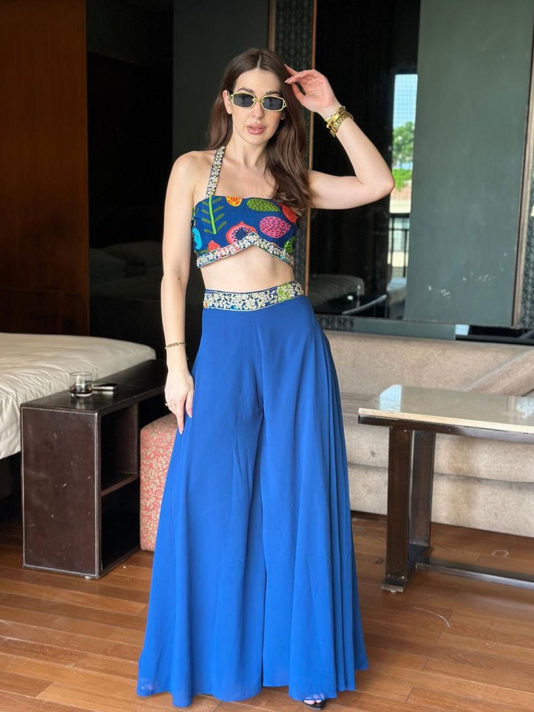 

StyleAsh Printed Halter Neck Top With Palazzos & Shrug, Blue