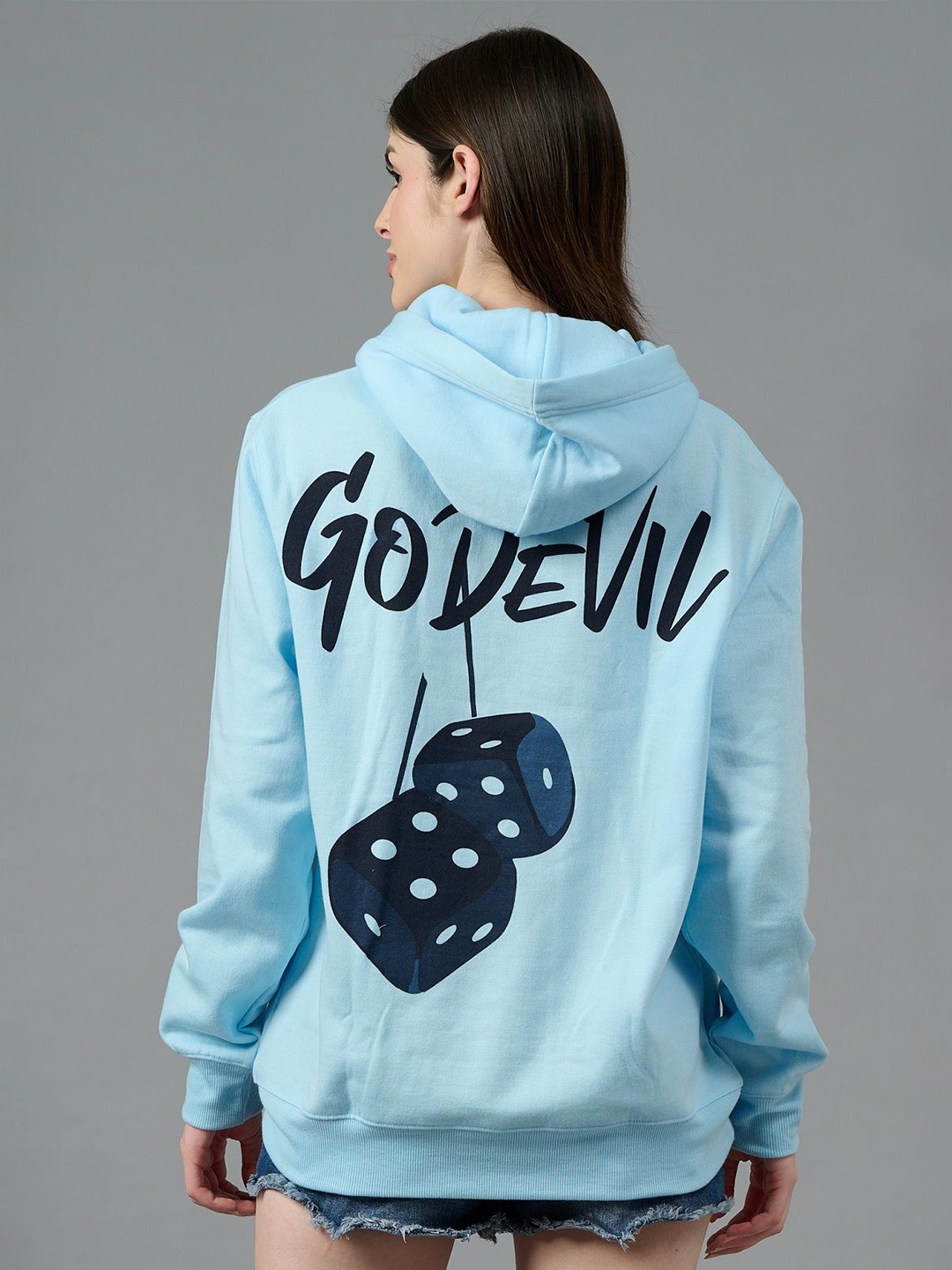 

GO DEVIL Women Typography Printed Oversized Hooded Sweatshirt, Blue