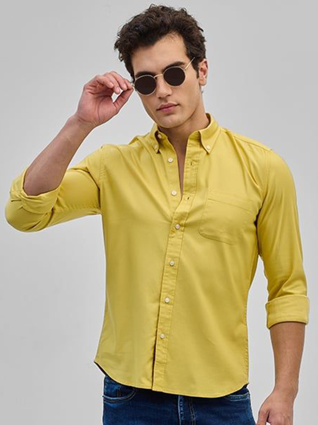 

Snitch Men Smart Button-Down Collar Solid Cotton Casual Shirt, Yellow