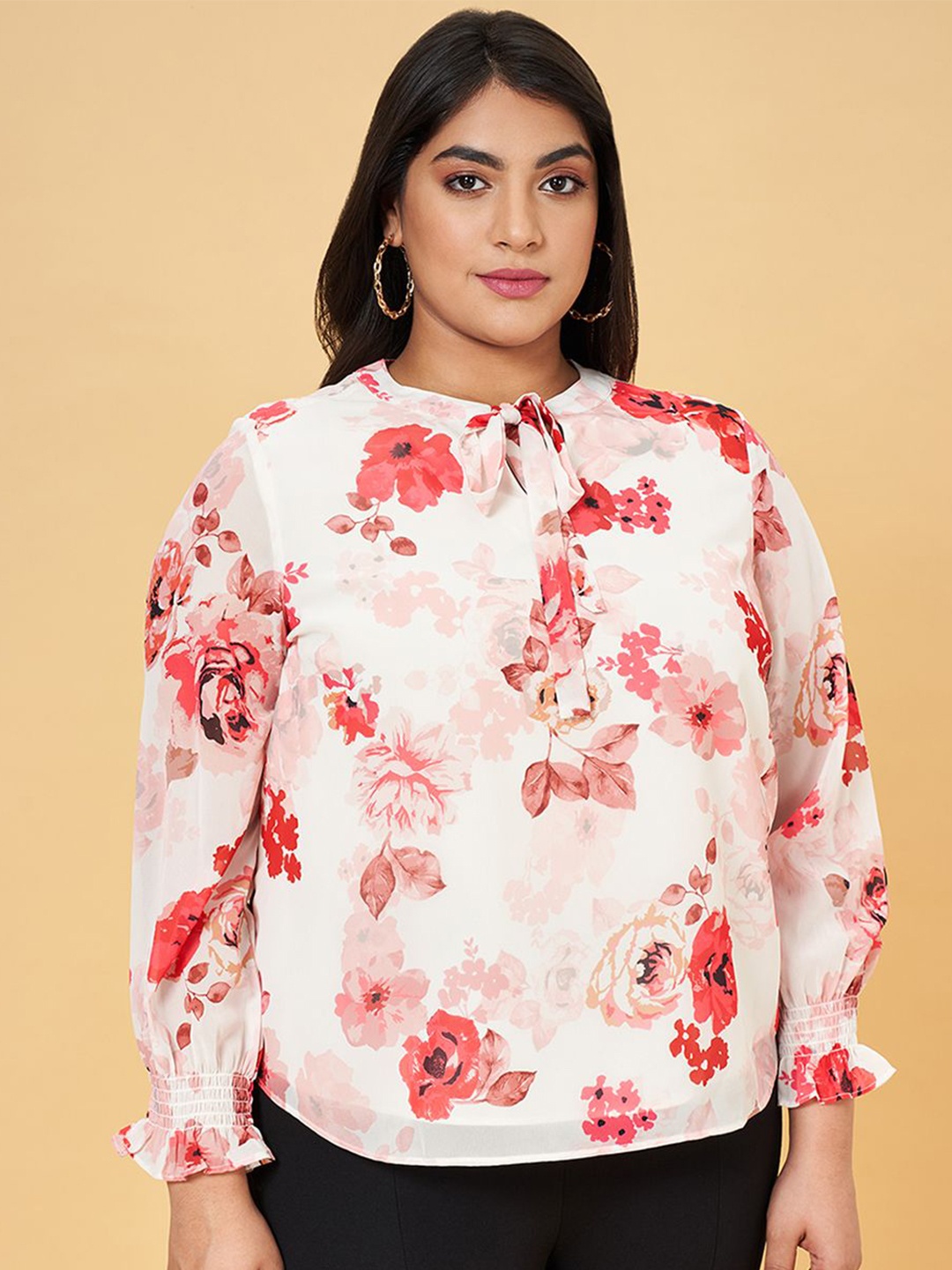 

Honey Curvytude by Pantaloons Women Floral Print Tie-Up Neck Top, White