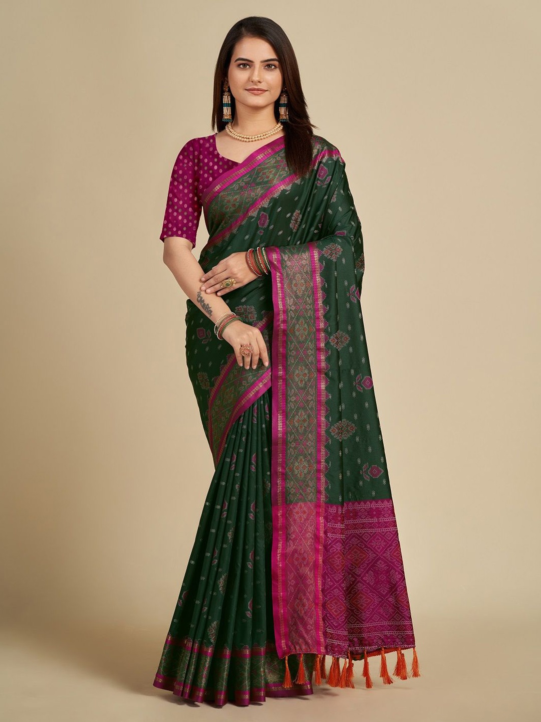 

Suha Woven Design Zari Pure Silk Patola Saree, Green