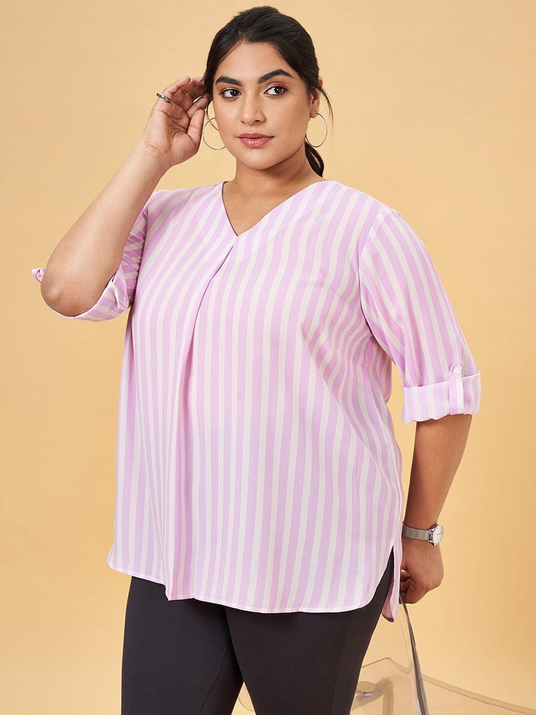 

Honey Curvytude by Pantaloons Women Vertical Stripes Striped Plus Size Regular Top, Purple