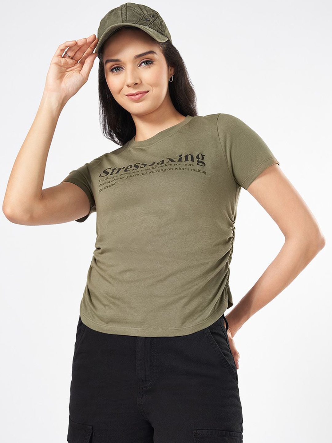 

People Women Solid Cotton Top, Olive