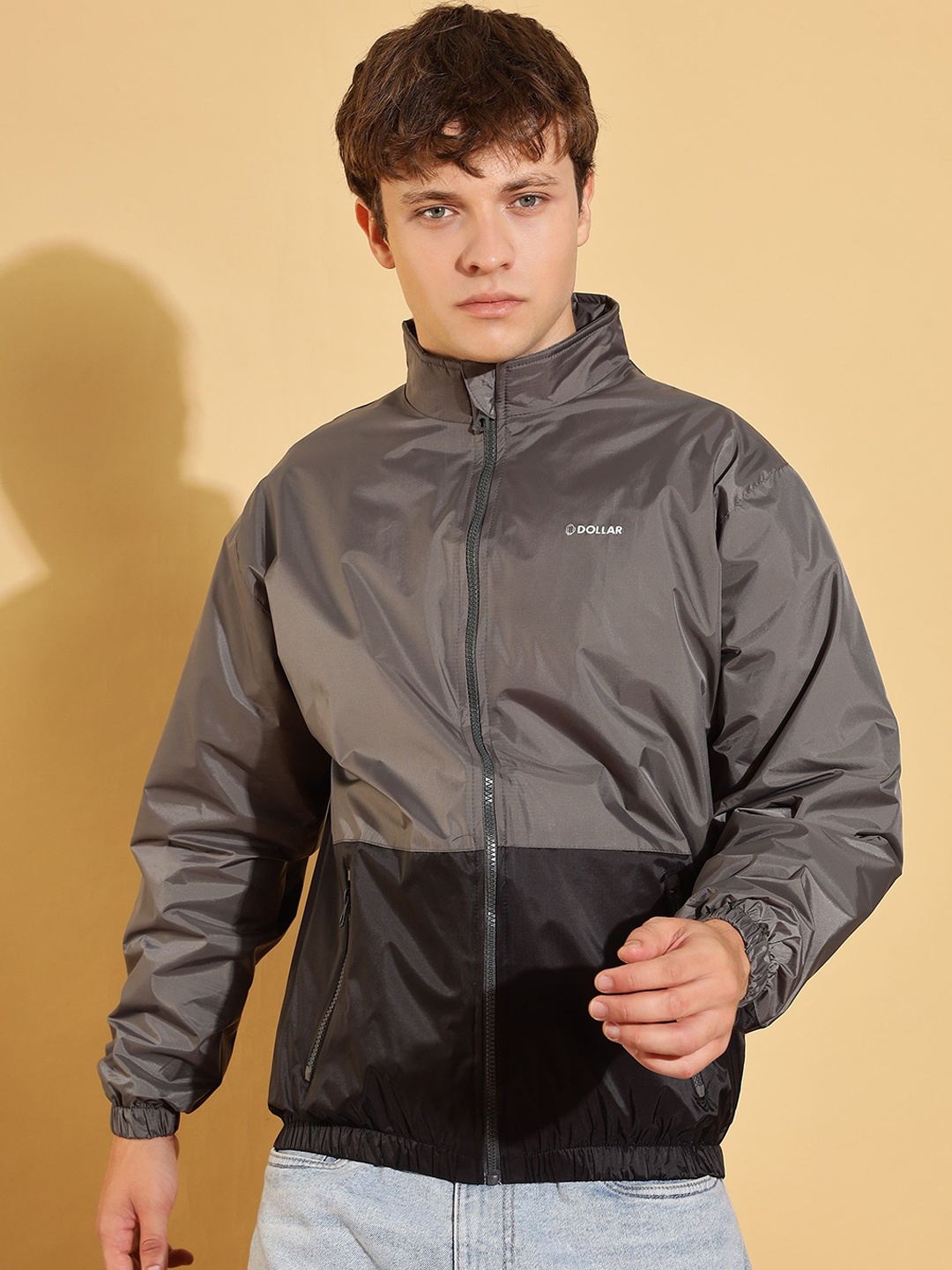 

Dollar Men Mock Collar Colourblocked Casual Bomber Jacket, Grey