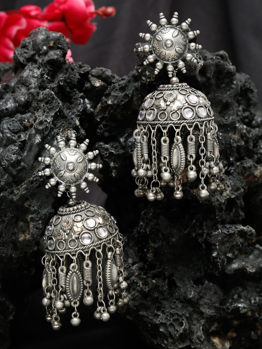 

YouBella Silver-Plated Oxidised Contemporary Jhumkas Earrings