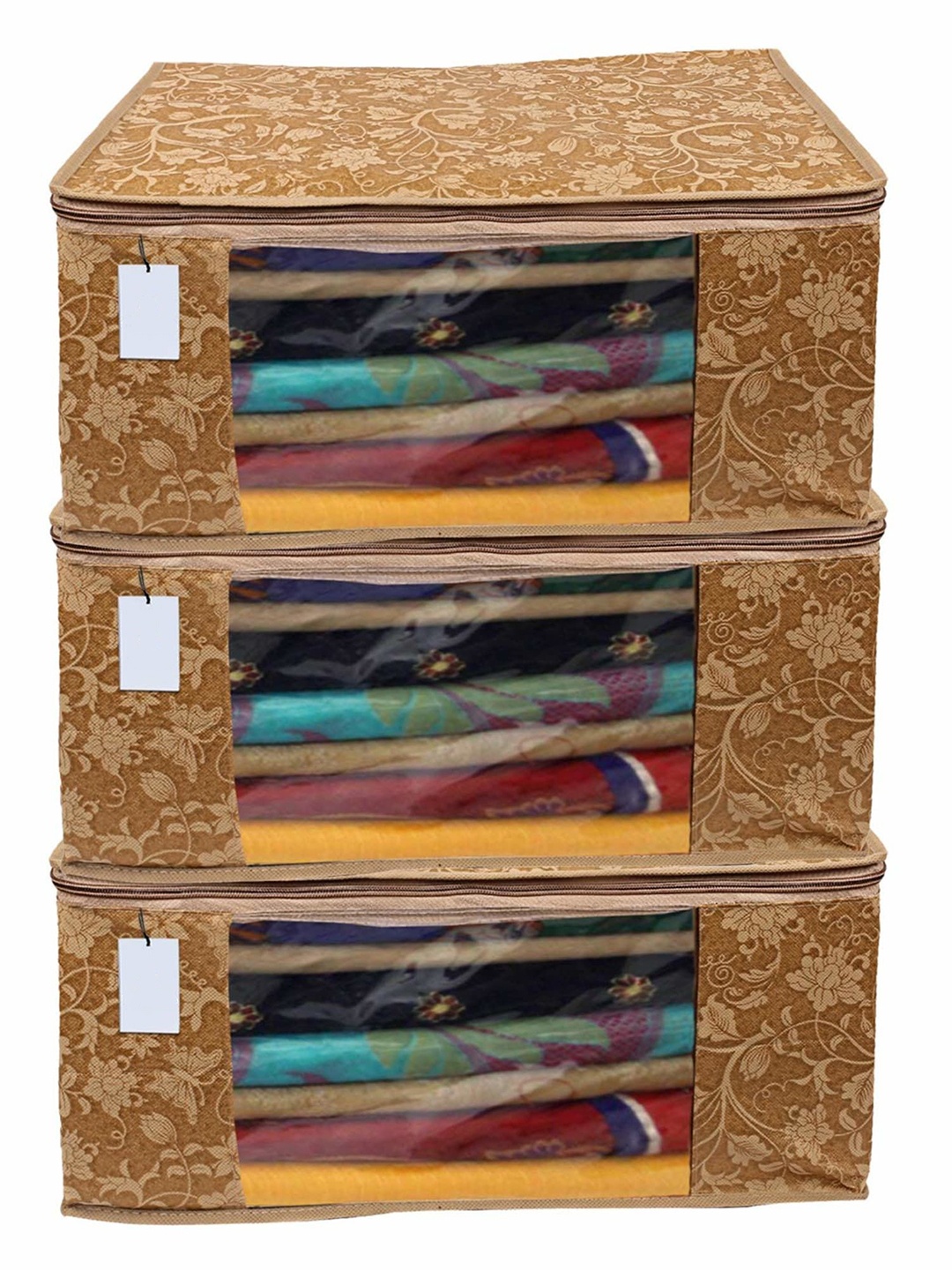 

Kuber Industries Beige 3 Pieces Floral Printed Drawer Organiser