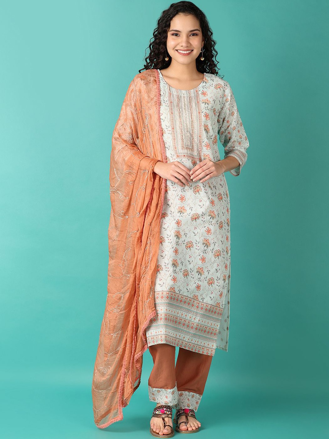

V-Mart Floral Printed Pure Cotton Straight Kurta with Trousers & Dupatta, Sea green