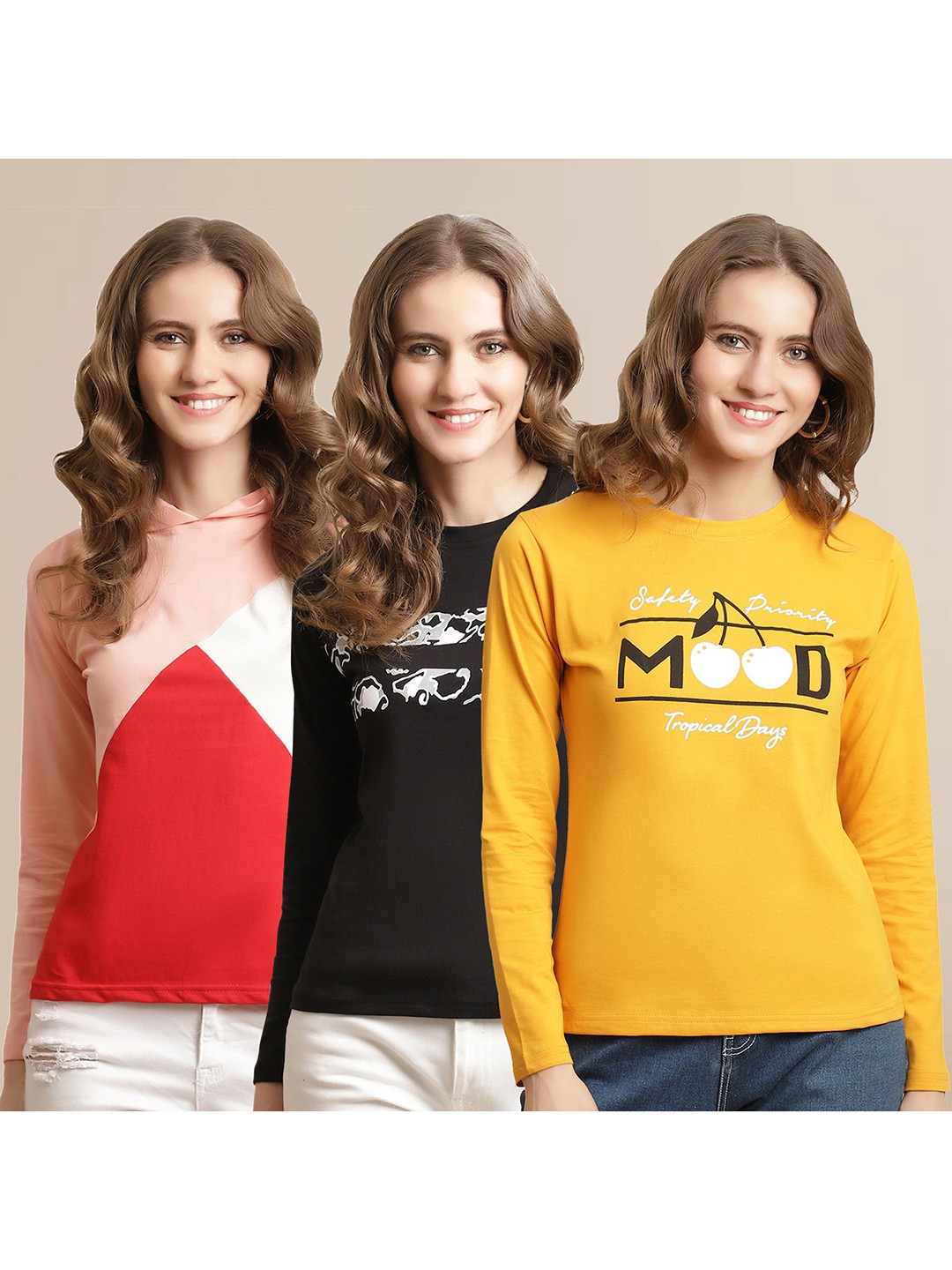 

Metronaut Women Pack Of 3 Printed Round Neck Cotton T-shirts, Peach