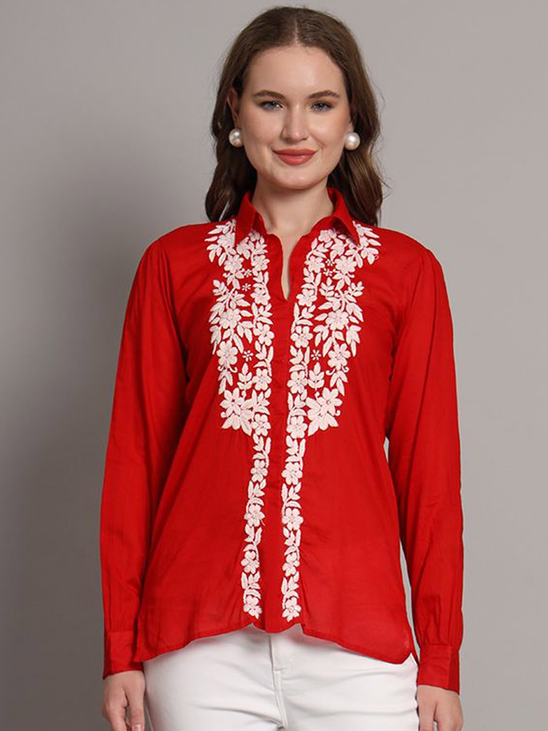 

The Chikan Label Floral Embroidered Pure Cotton Shirt Styled Top, Red