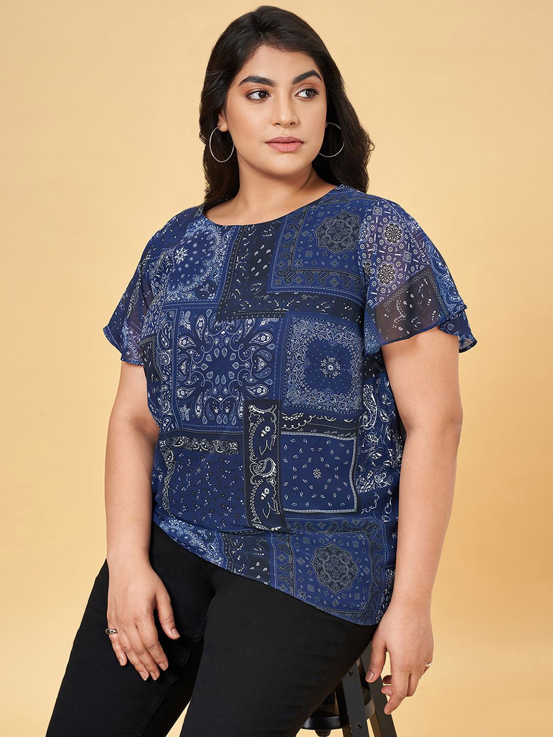 

Honey Curvytude by Pantaloons Women Ethnic Motifs Printed Plus Size Top, Navy blue