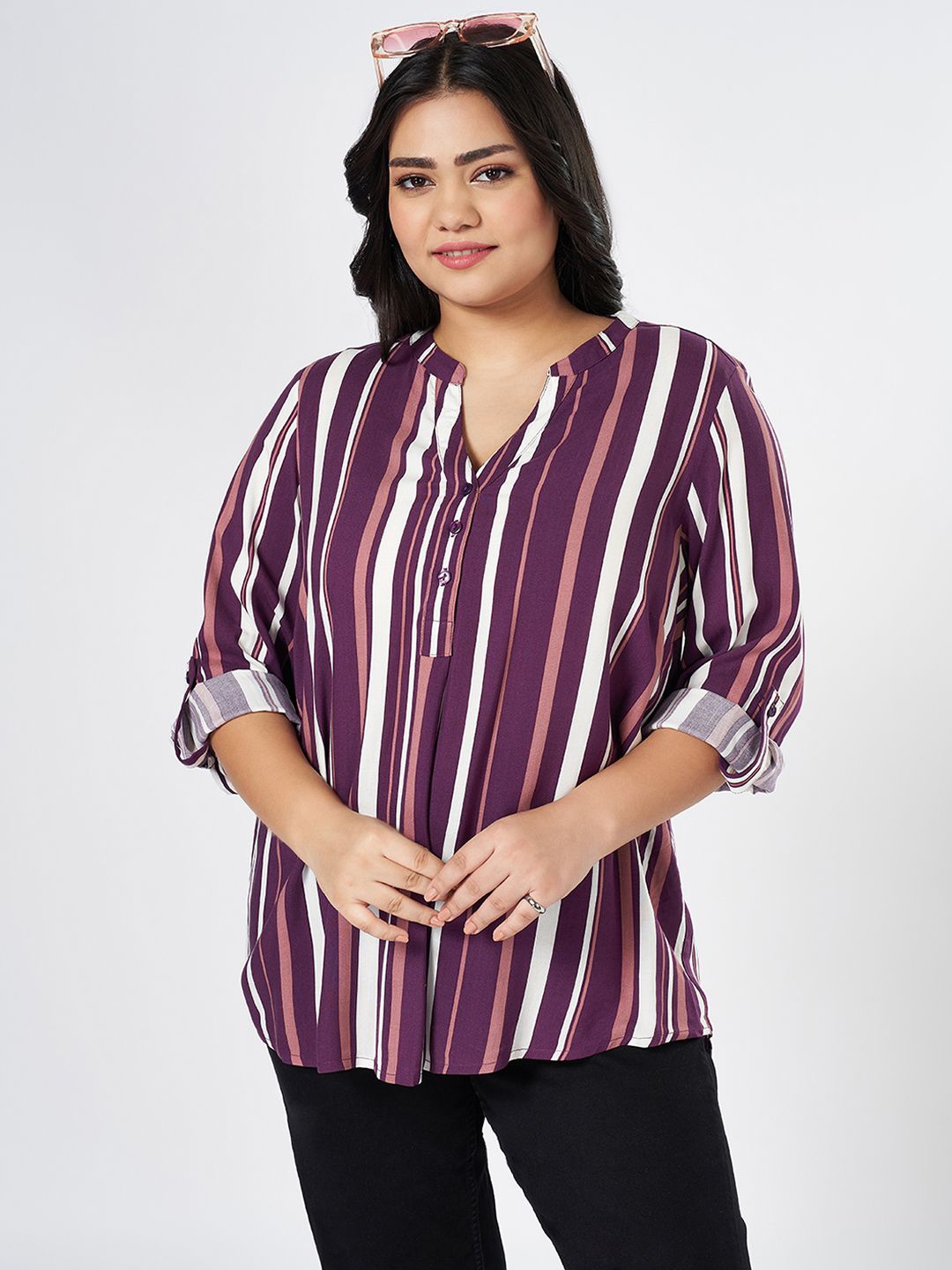 

Honey Curvytude by Pantaloons Printed Mandarin Collar Roll-Up Sleeves Shirt Style Top, Purple